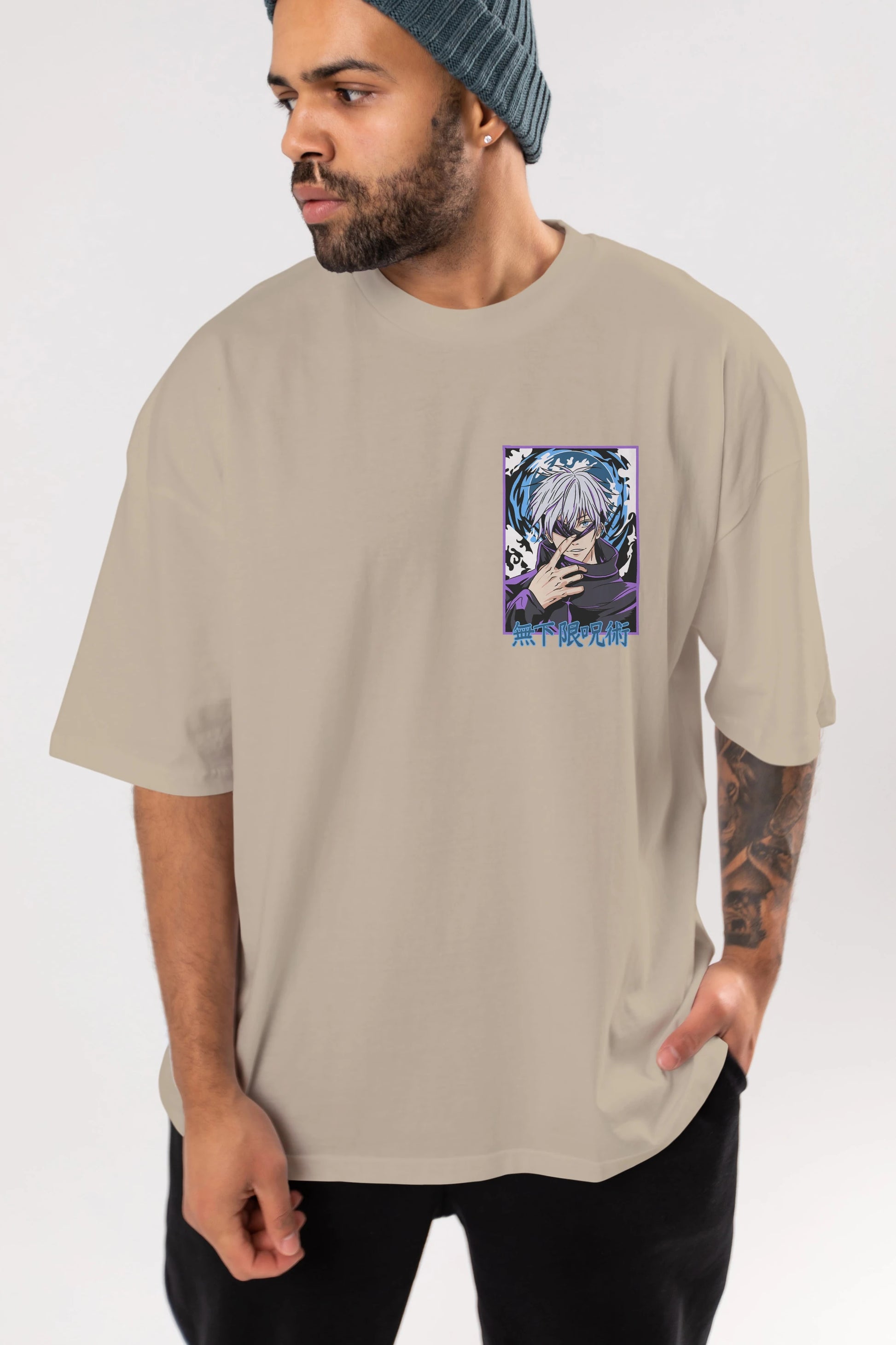 SATORU GOJO 3 Ön Sol Baskılı Oversize t-shirt Erkek Kadın Unisex %100 Pamuk Bisiklet Yaka tişort