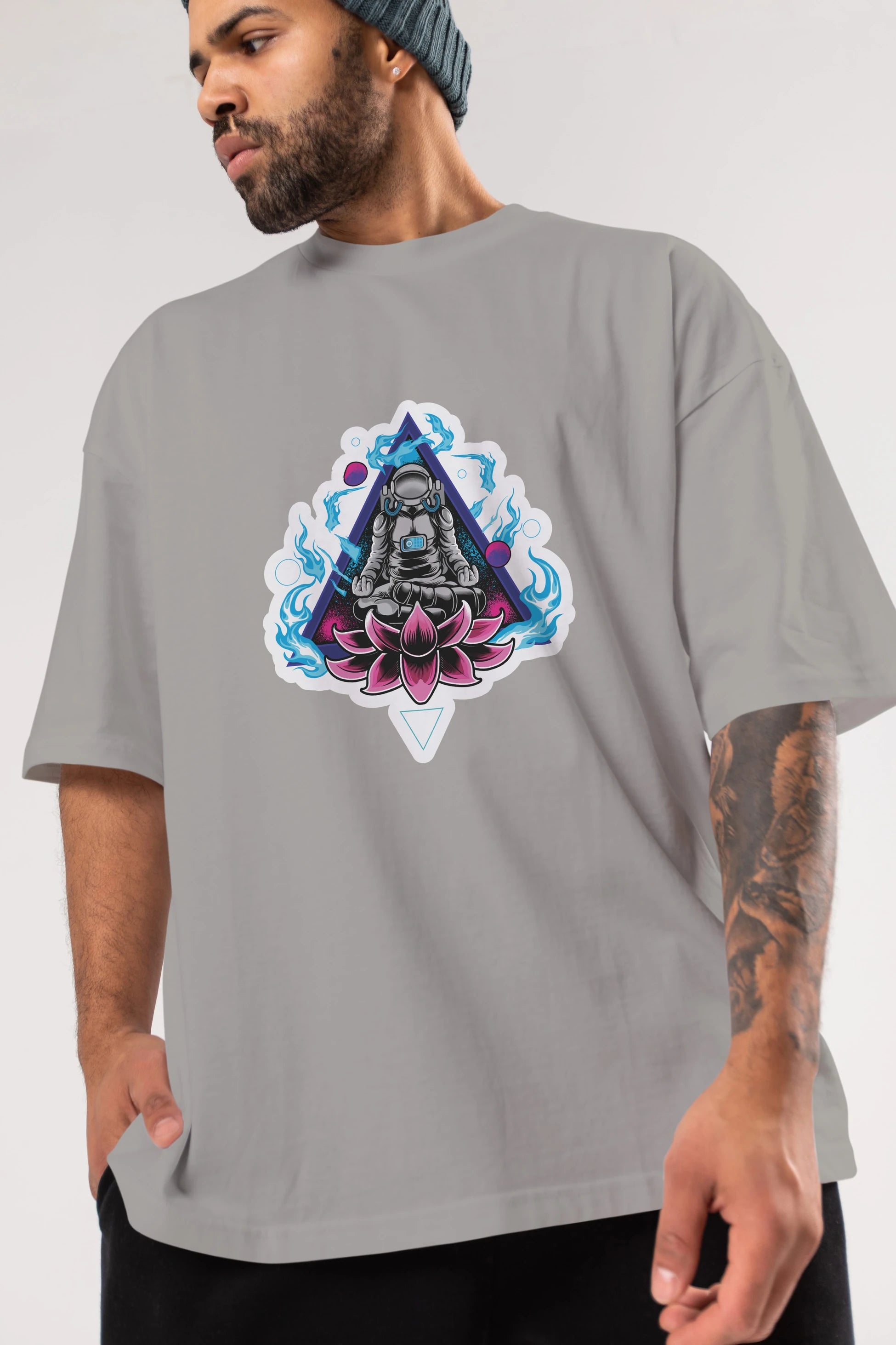Astronaut Meditation Sticker Ön Baskılı Oversize t-shirt Erkek Kadın Unisex