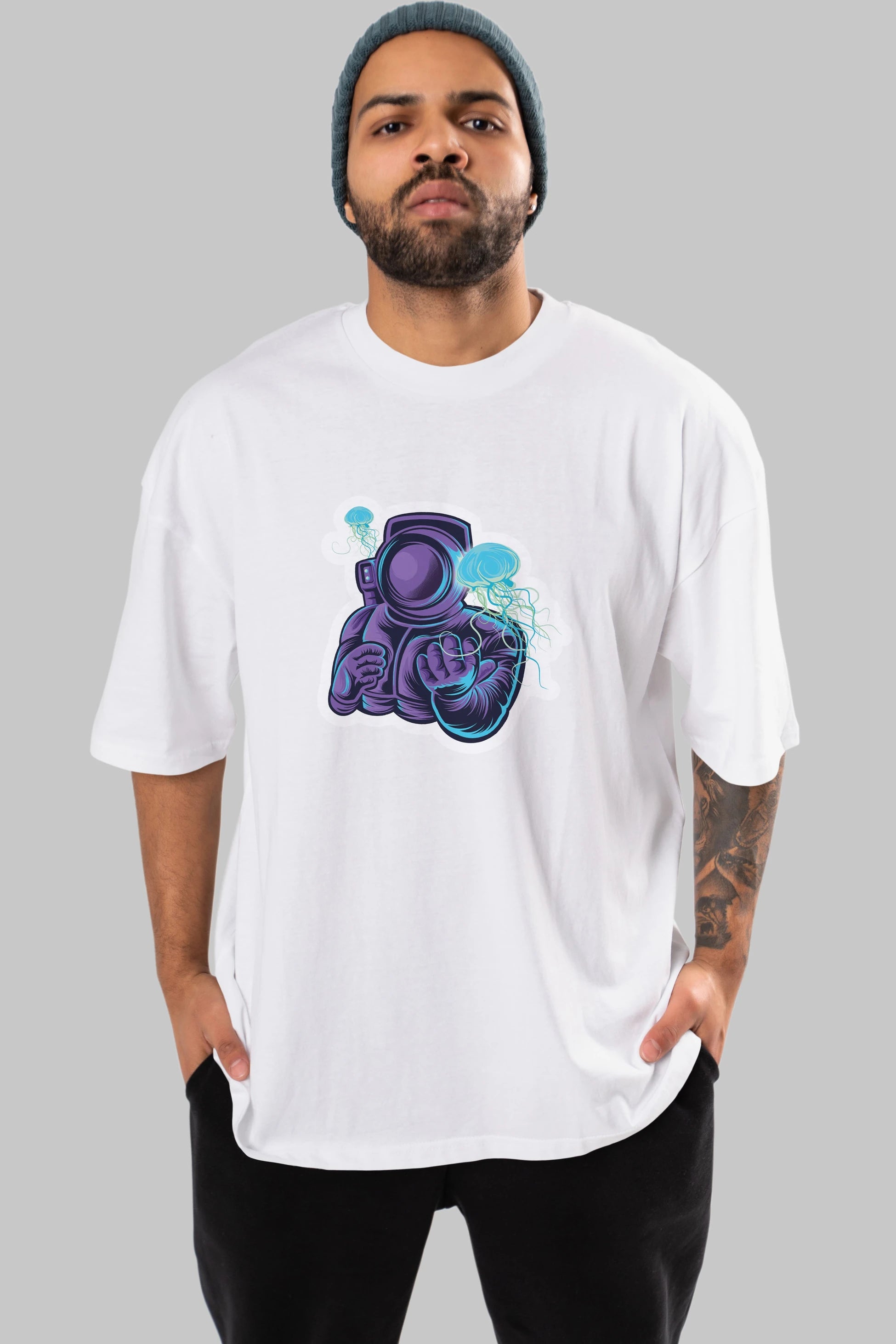 Astronaut and Jellyfish Sticker Ön Baskılı Oversize t-shirt Erkek Kadın Unisex