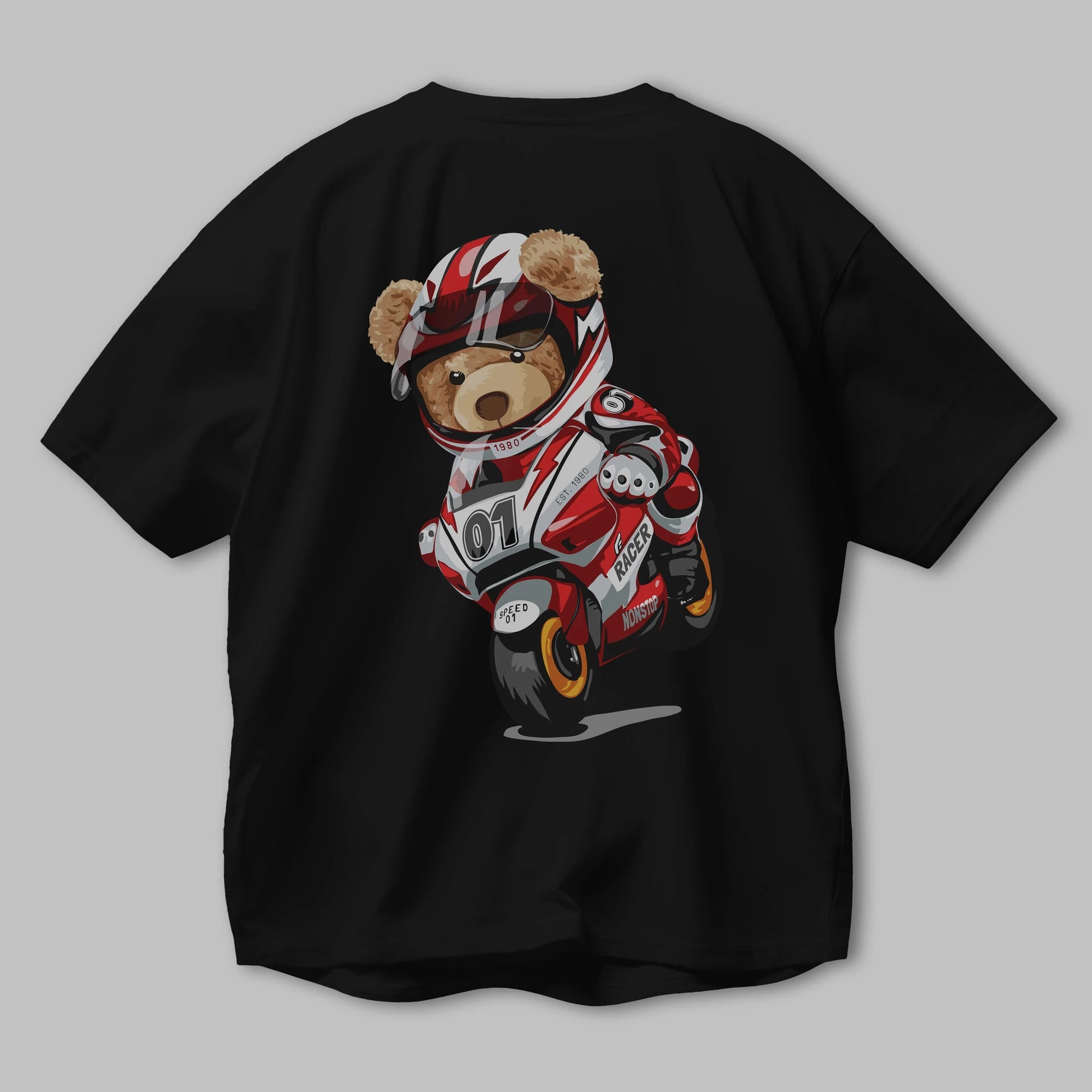 Teddy Bear Racer Arka Baskılı Oversize t-shirt Erkek Kadın Unisex %100 Pamuk