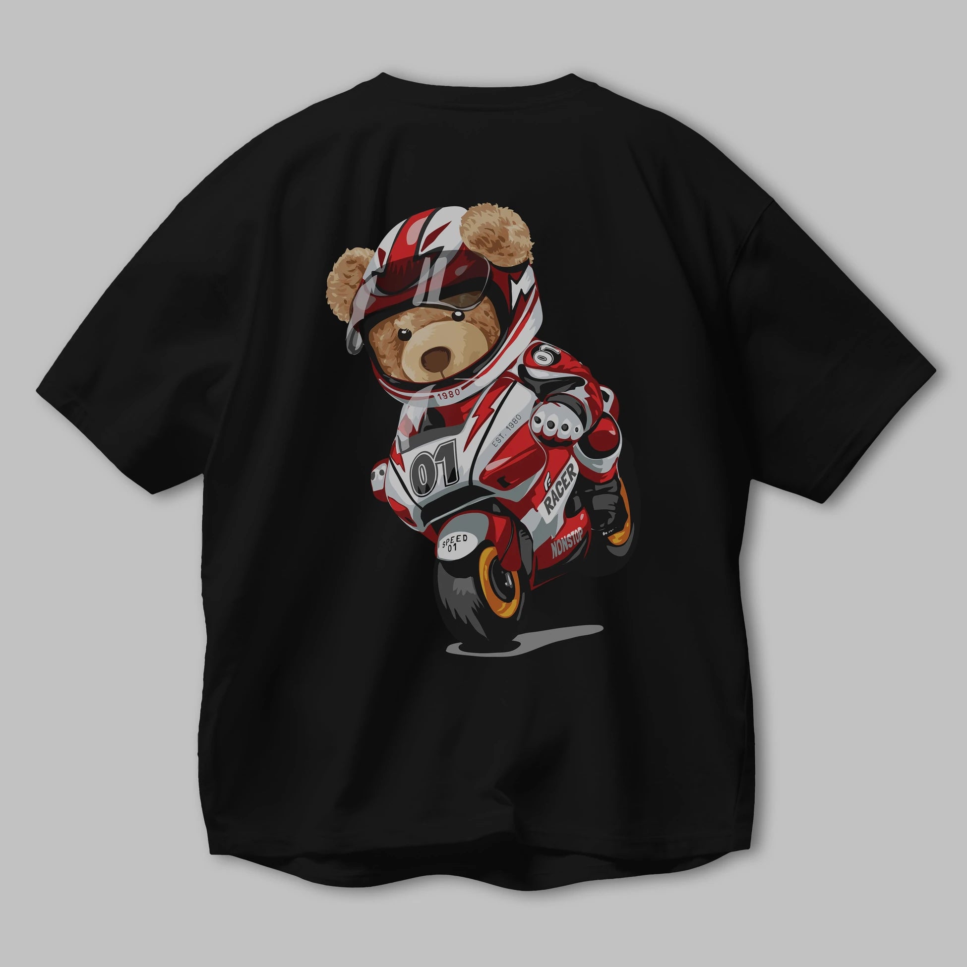 Teddy Bear Racer Arka Baskılı Oversize t-shirt Erkek Kadın Unisex %100 Pamuk