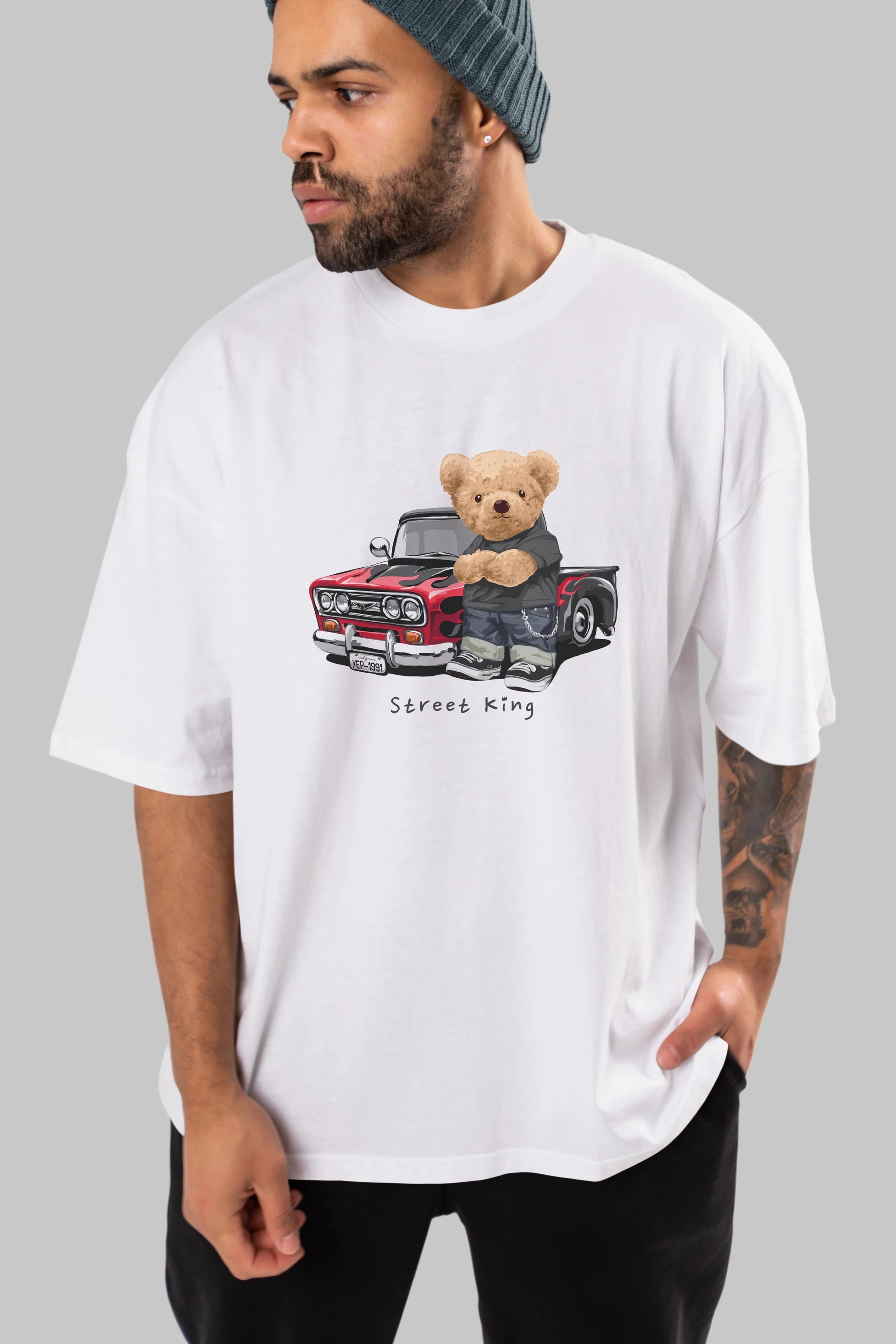 Teddy Bear Street King Ön Baskılı Oversize t-shirt Erkek Kadın Unisex %100 Pamuk