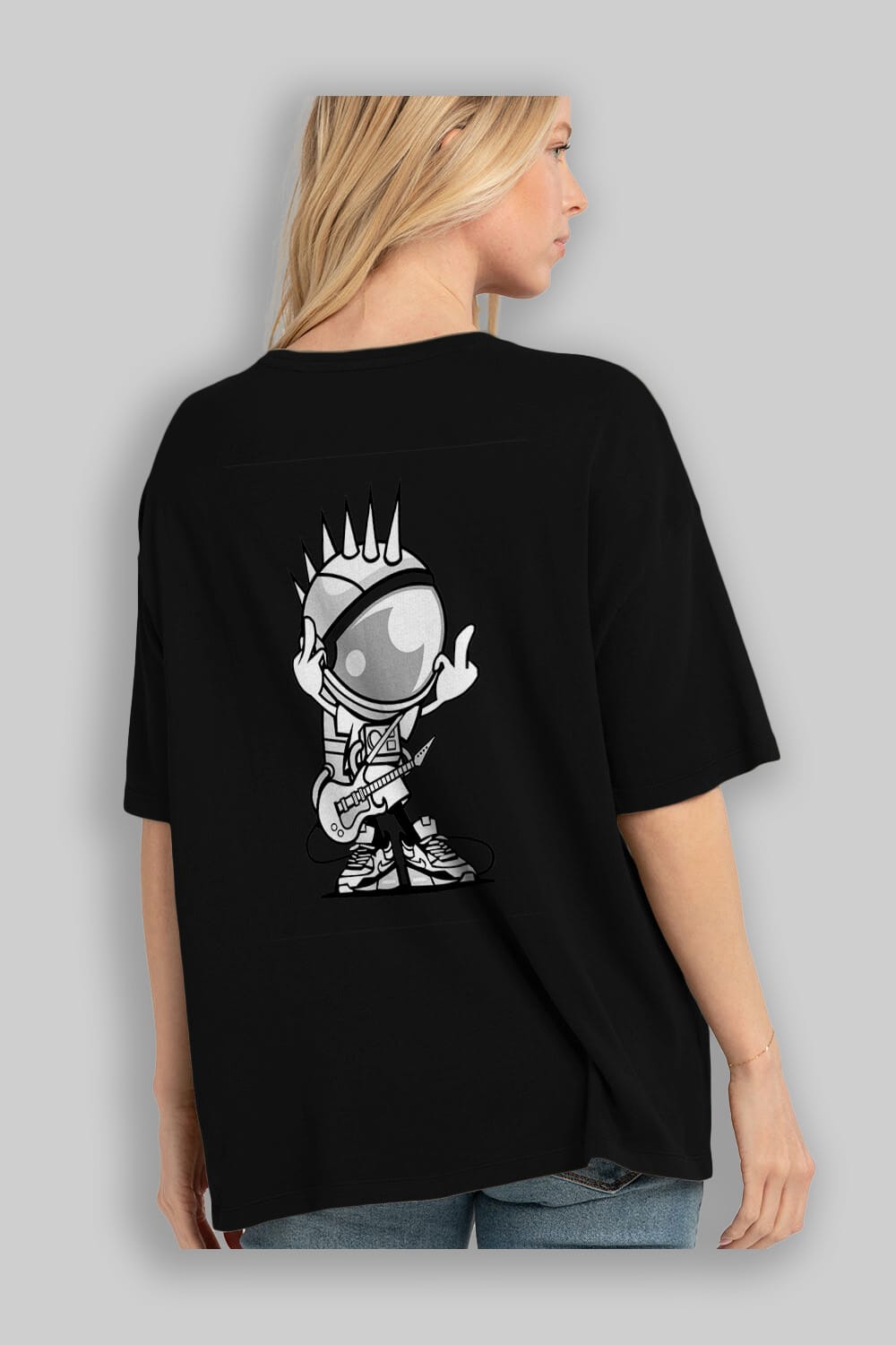 Astronaut Punk Rock Arka Baskılı Oversize t-shirt Erkek Kadın Unisex %100 Pamuk tişort