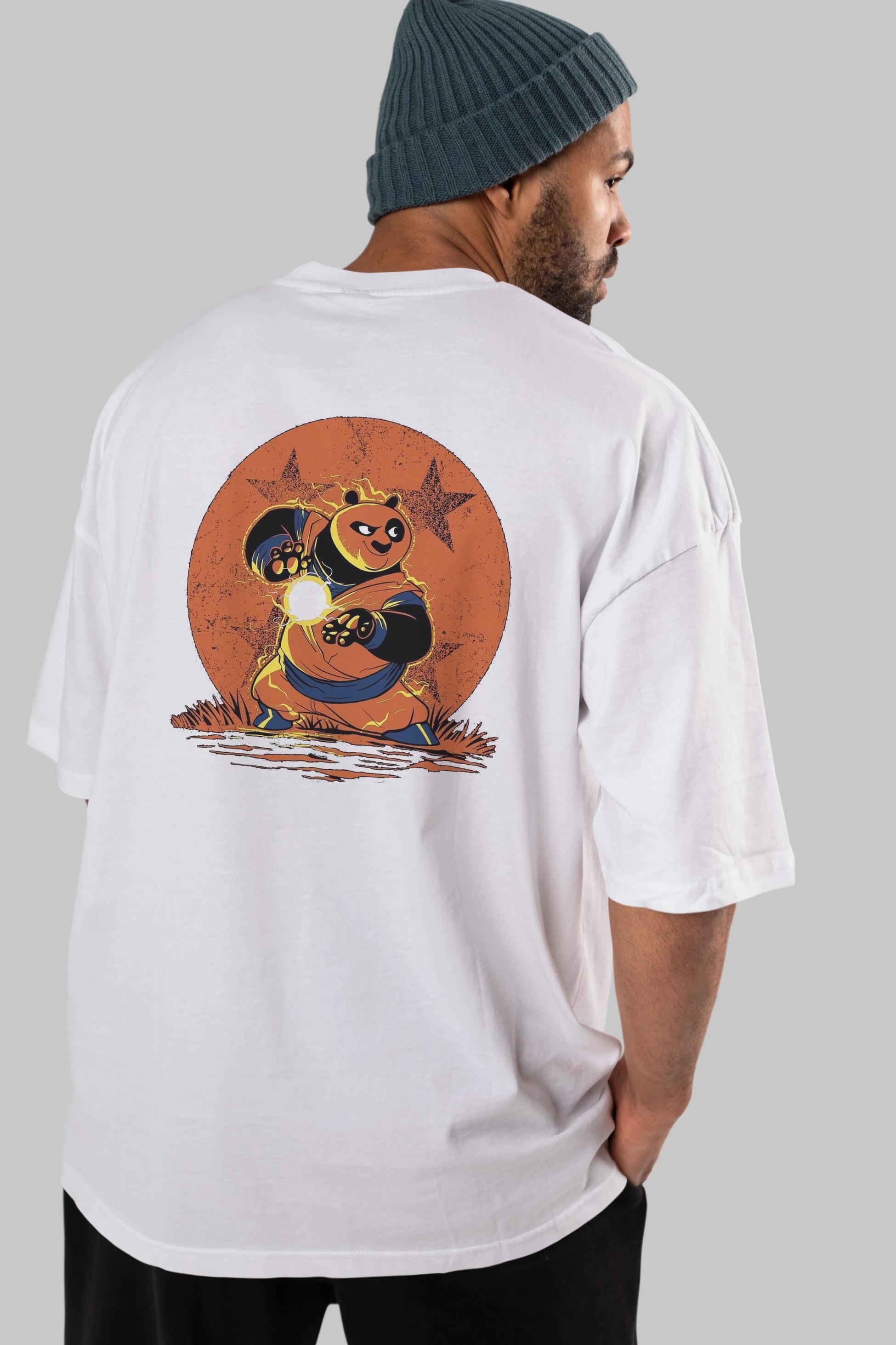Kung Fu Panda Arka Baskılı Oversize t-shirt Erkek Kadın Unisex %100 Pamuk Bisiklet Yaka tişort