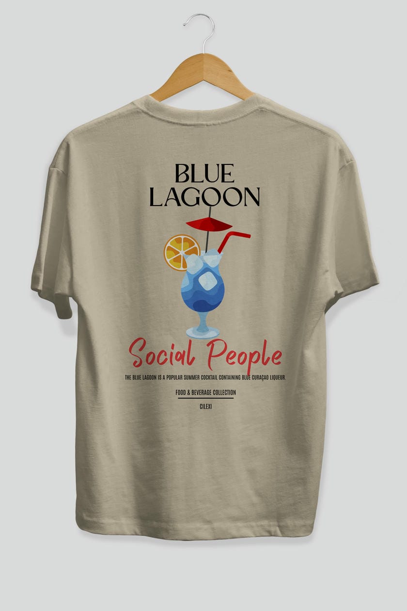 Blue Lagoon Kokteyl Serisi Baskılı Oversize t-shirt Erkek Kadın Unisex %100 Pamuk Bisiklet Yaka tişort