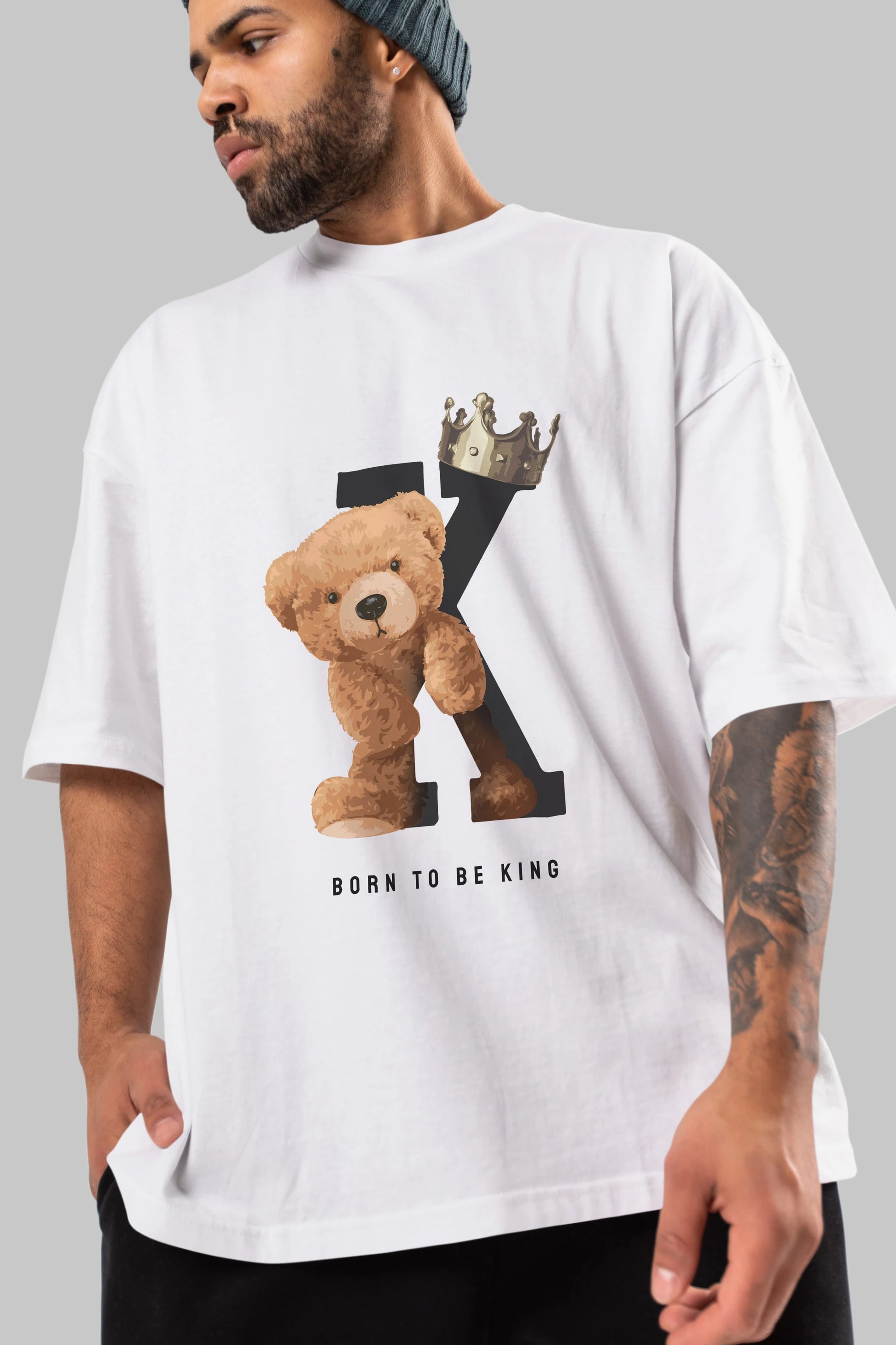 Teddy Bear Born To Be King Ön Baskılı Oversize t-shirt Erkek Kadın Unisex %100 Pamuk