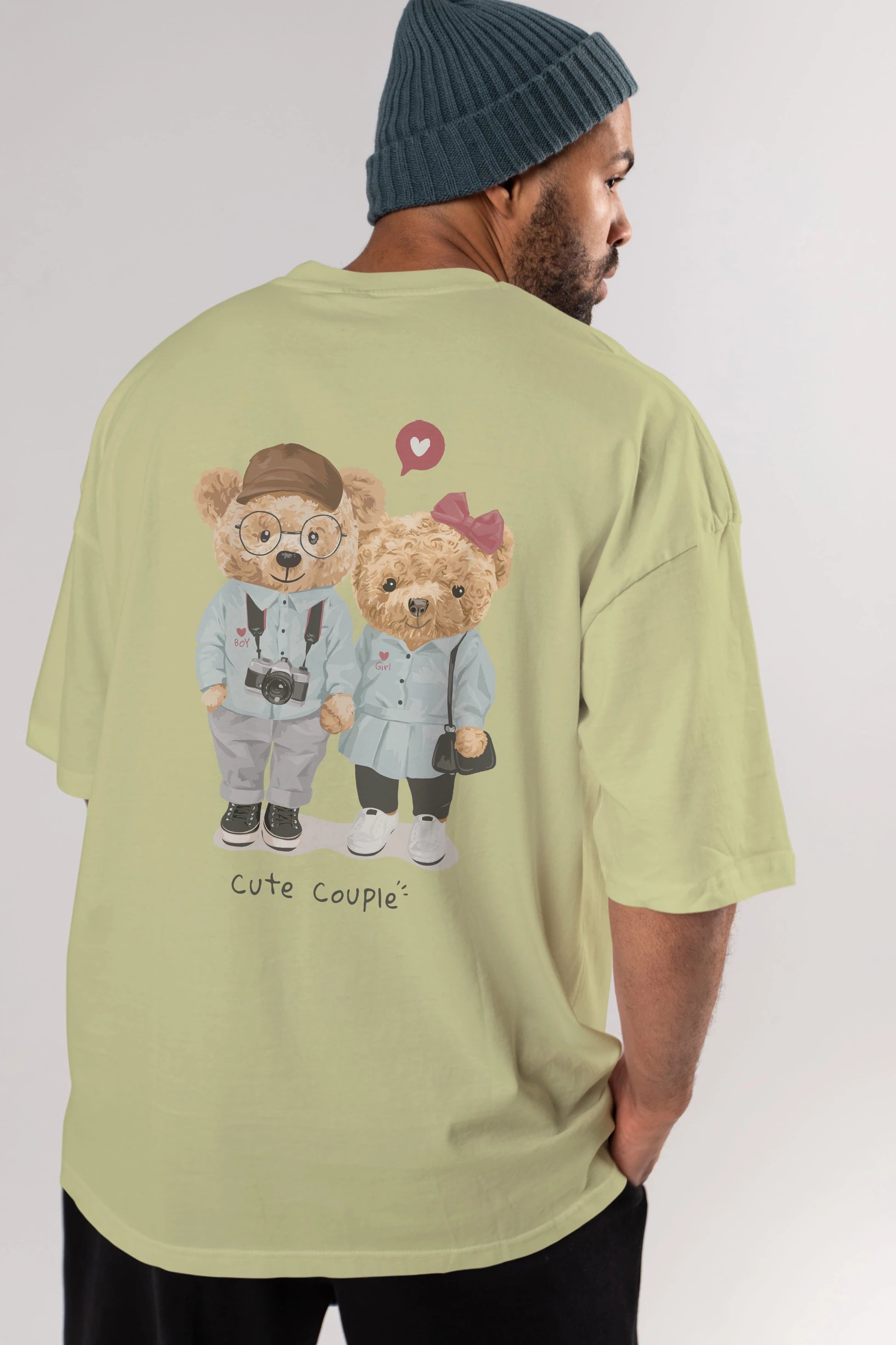 Teddy Bear Cute Couple Arka Baskılı Oversize t-shirt Erkek Kadın Unisex %100 Pamuk