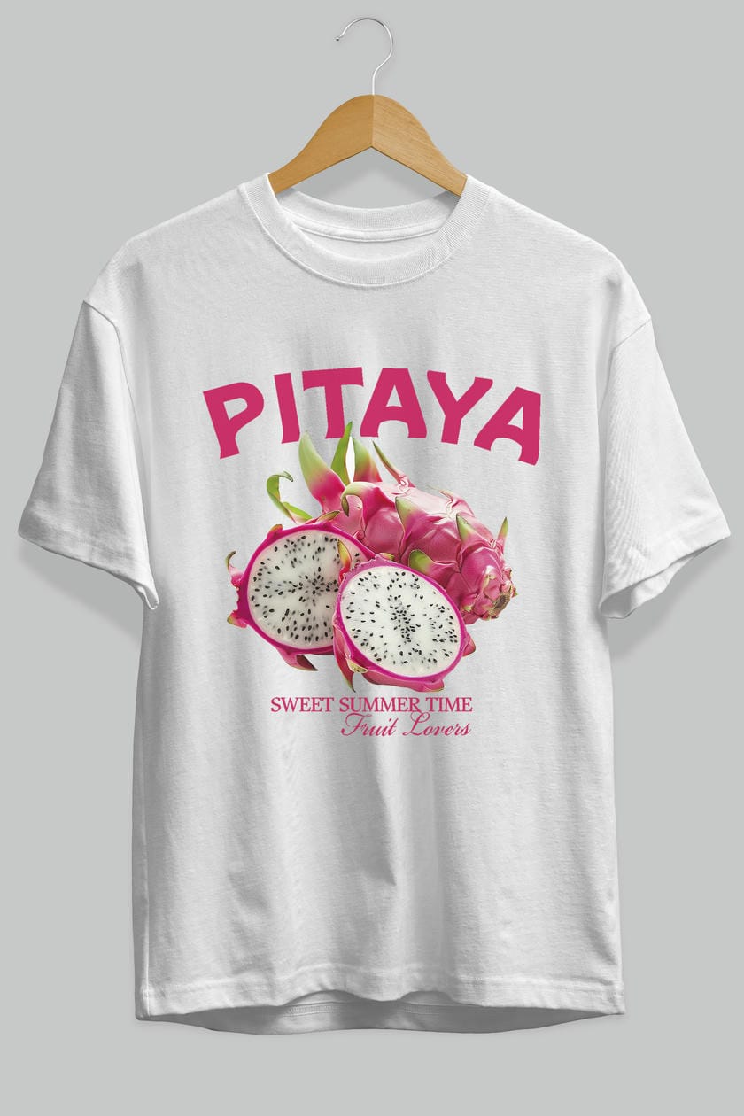 Pitaya Ön Baskılı Oversize t-shirt Erkek Kadın Pamuk Bisiklet Yaka tişort