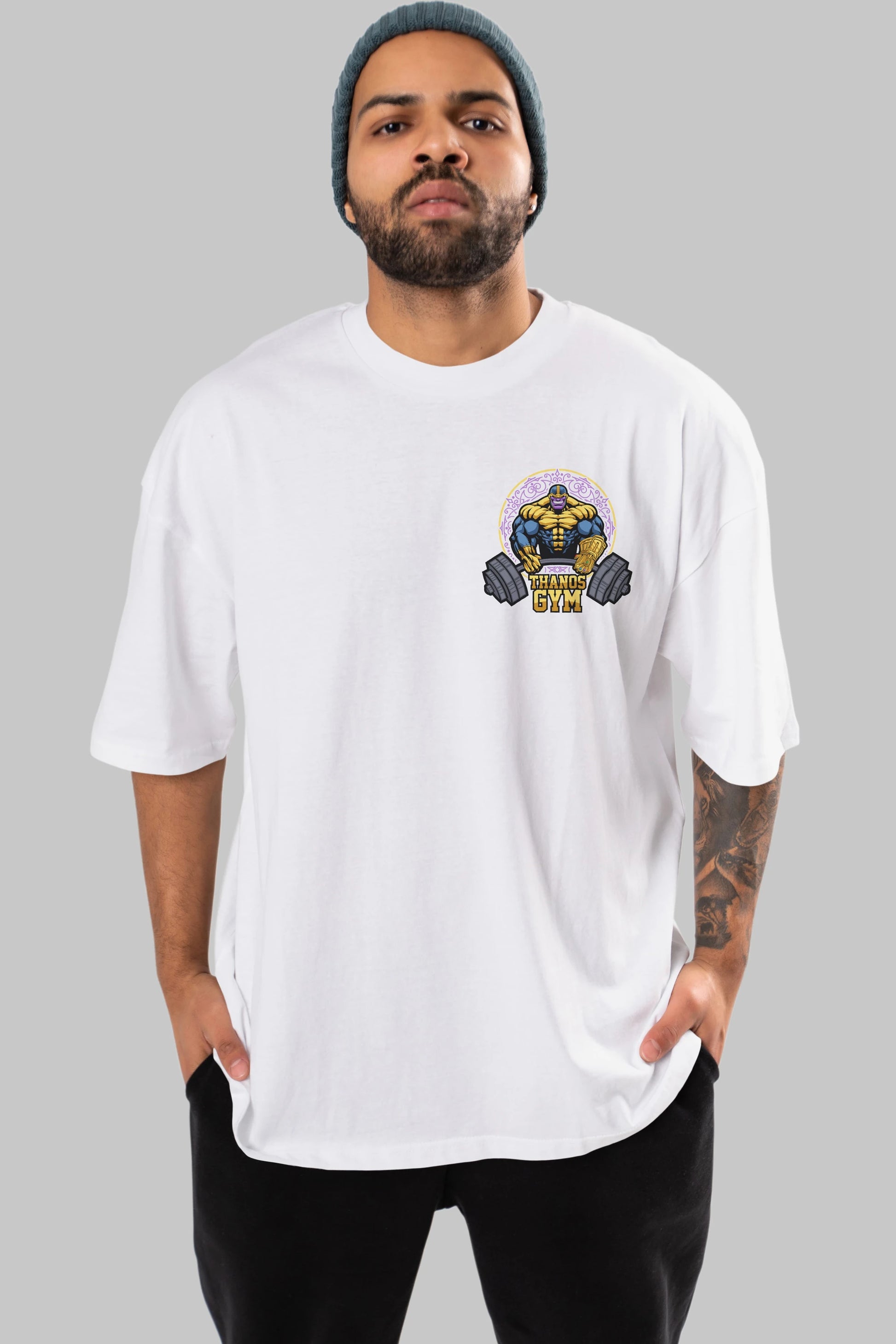 Thanos GYM Ön Sol Baskılı Oversize t-shirt Erkek Kadın Unisex %100 Pamuk Bisiklet Yaka tişort