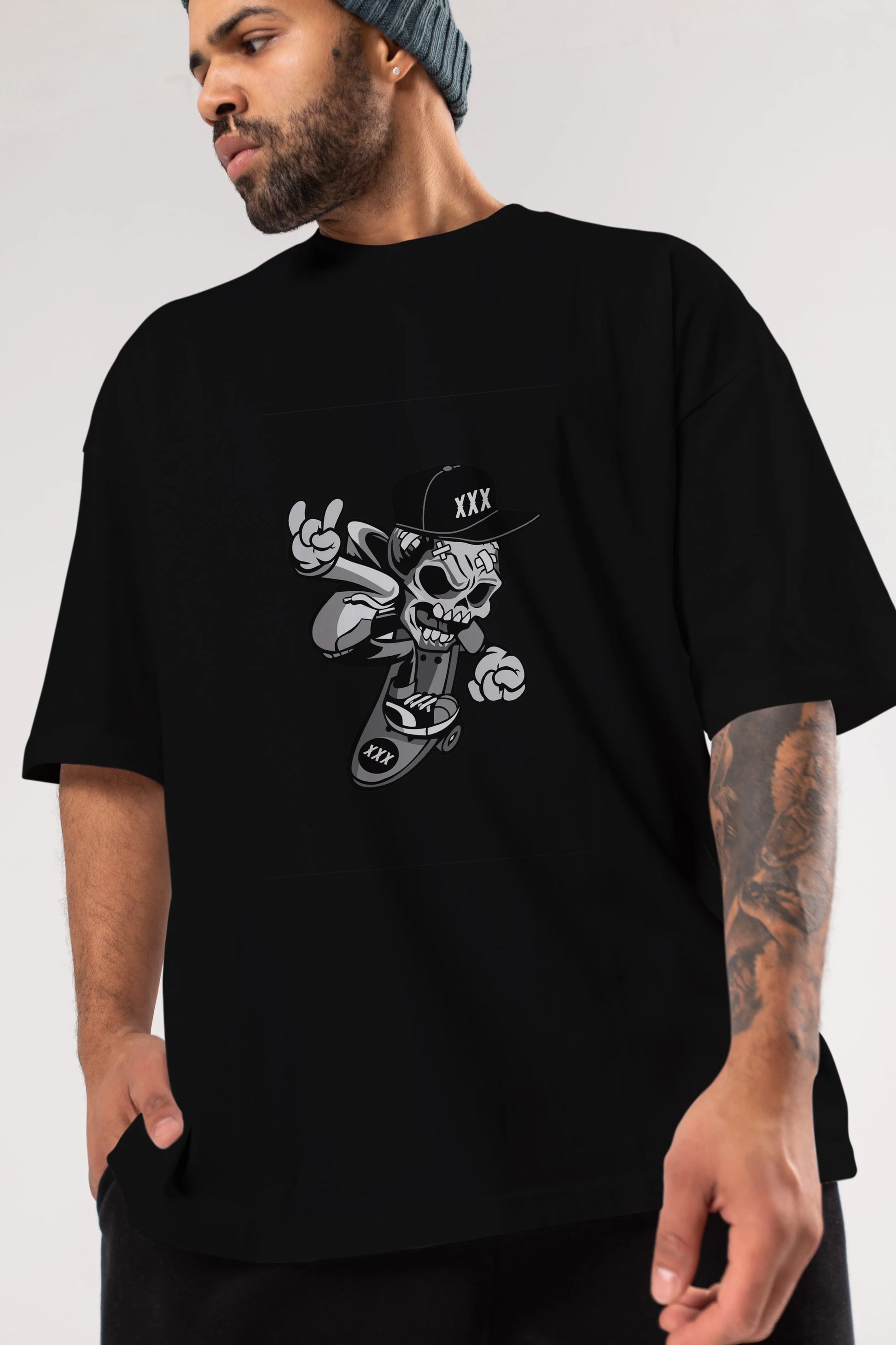 Skull Skateboard Ön Baskılı Oversize t-shirt Erkek Kadın Unisex %100 Pamuk tişort