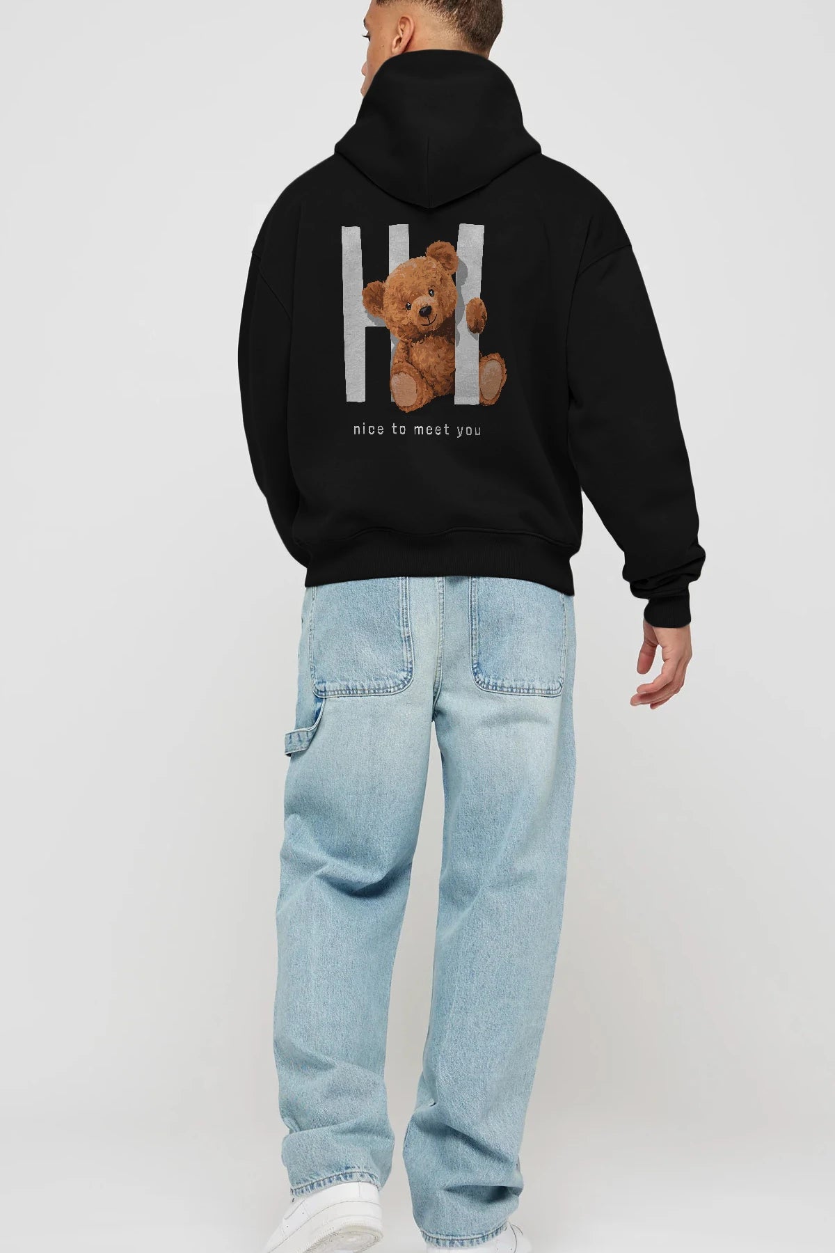 Teddy Bear Hi Nice To Meet You Arka Baskılı Hoodie Oversize Kapüşonlu Sweatshirt Erkek Kadın Unisex