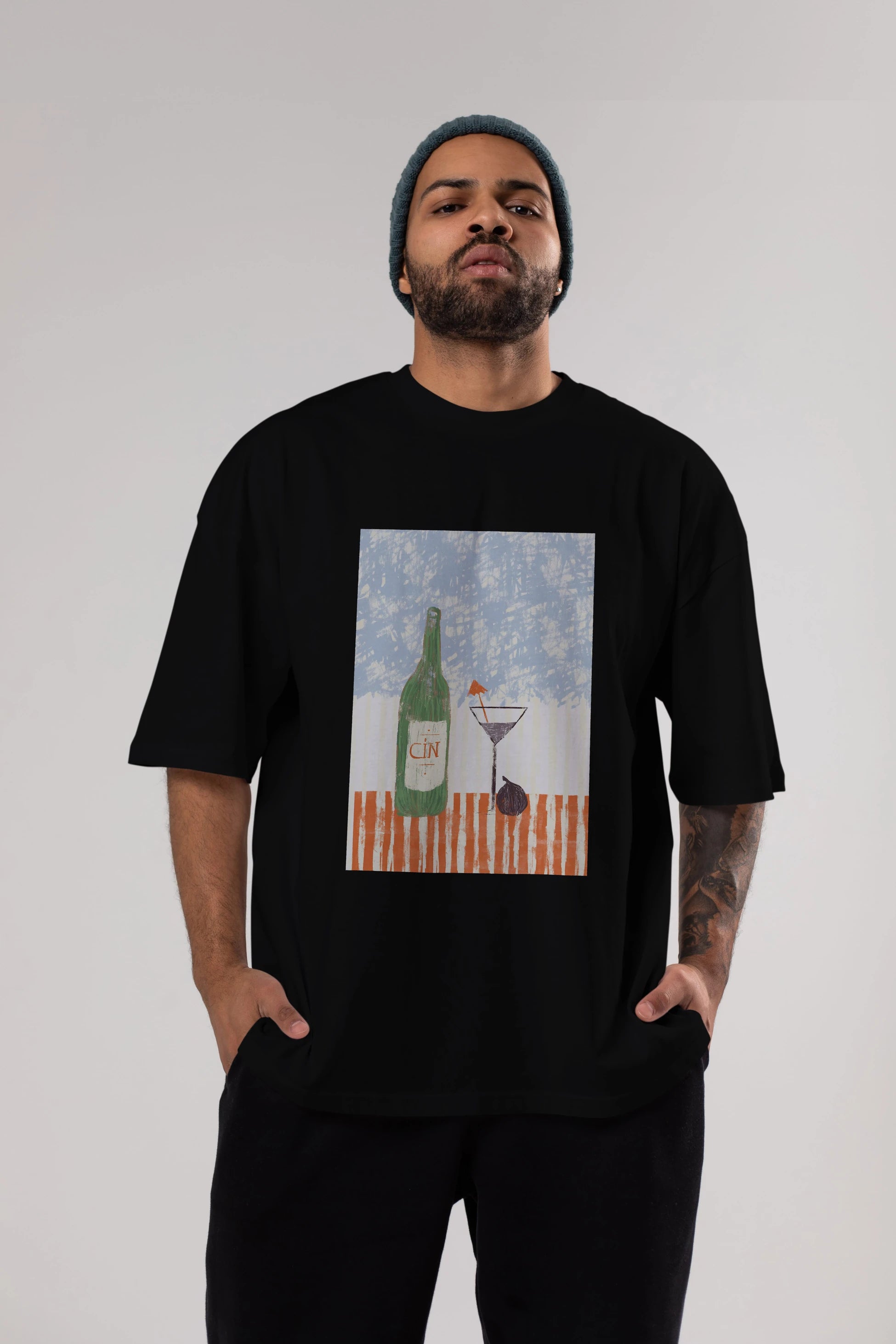 Gin Ön Baskılı Oversize t-shirt Erkek Kadın Unisex %100 Pamuk Bisiklet Yaka tişort