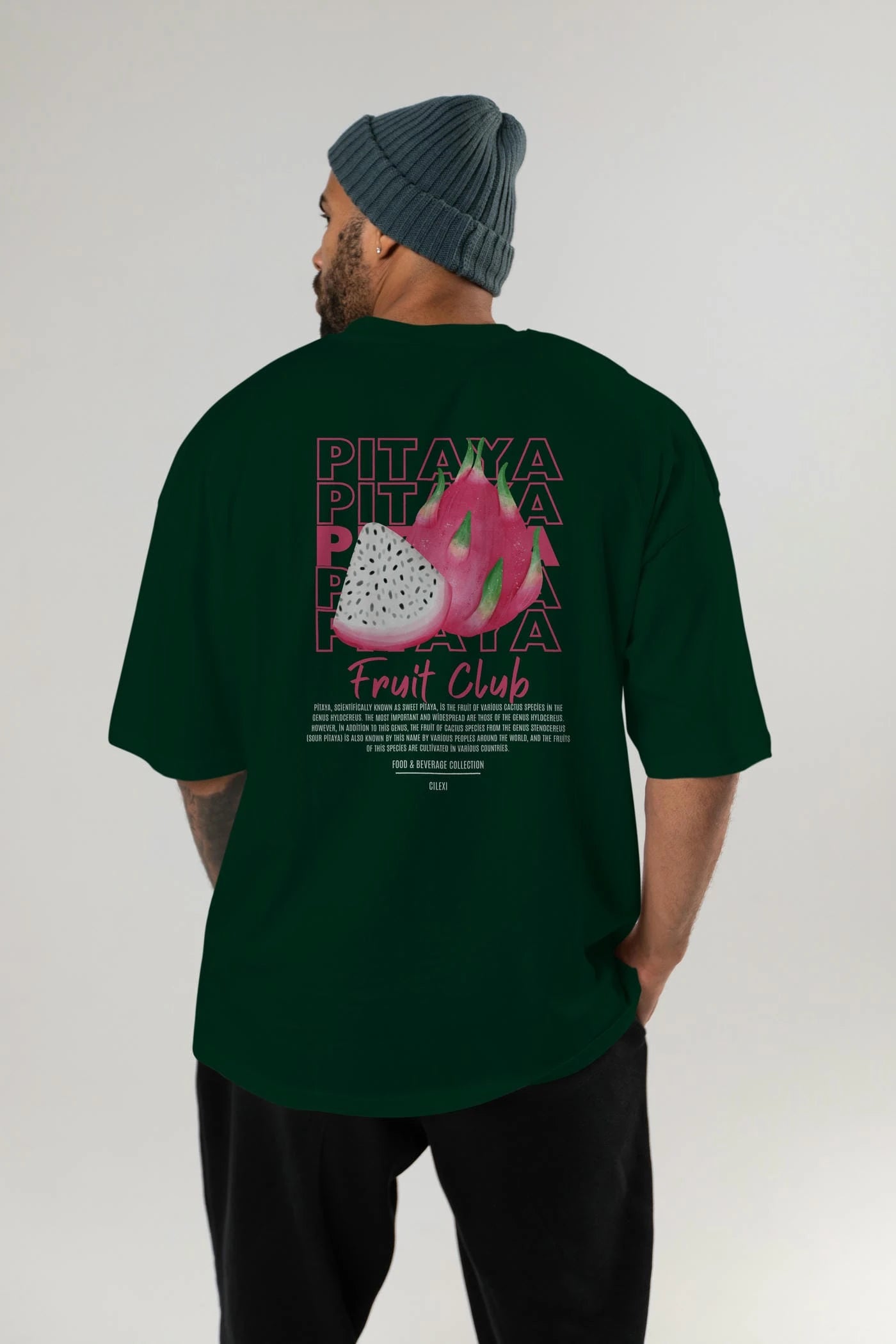 Pitaya Arka Baskılı Oversize t-shirt Erkek Kadın Pamuk Bisiklet Yaka tişort