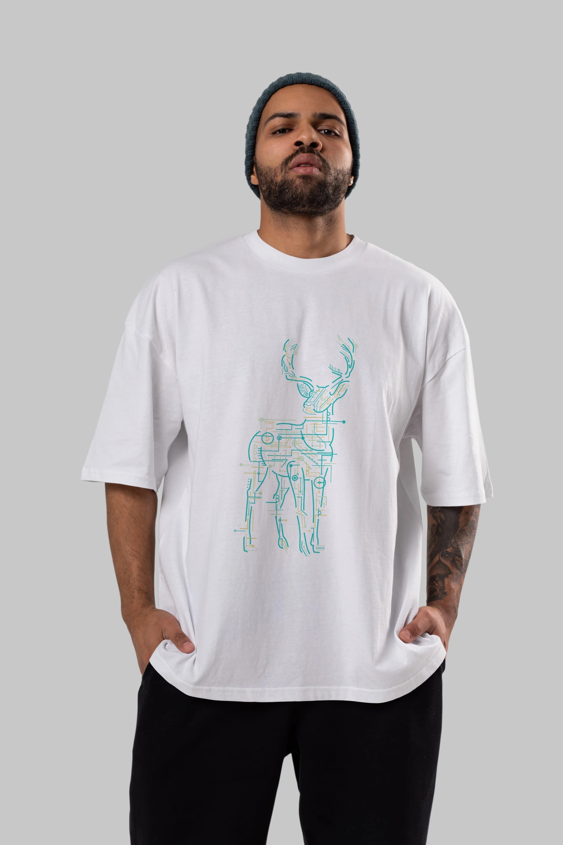 Electric Deer Ön Baskılı Oversize t-shirt %100 pamuk Erkek Kadın Unisex