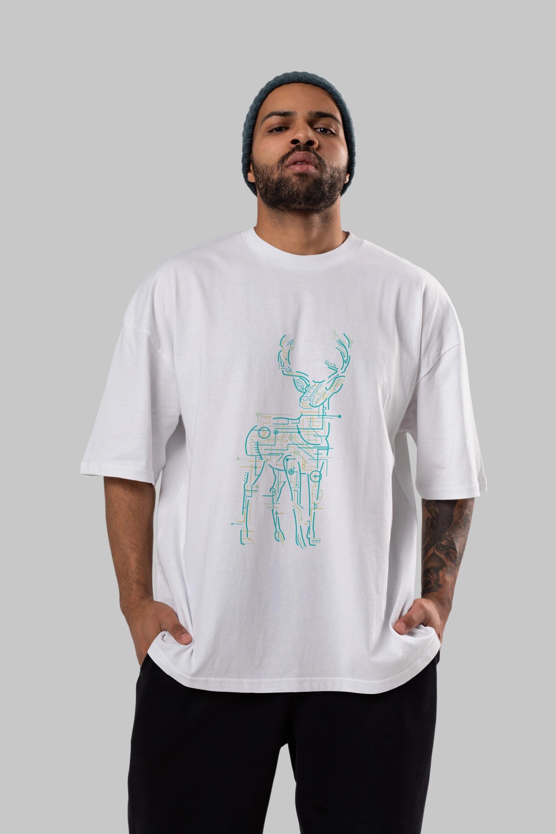 Electric Deer Ön Baskılı Oversize t-shirt %100 pamuk Erkek Kadın Unisex