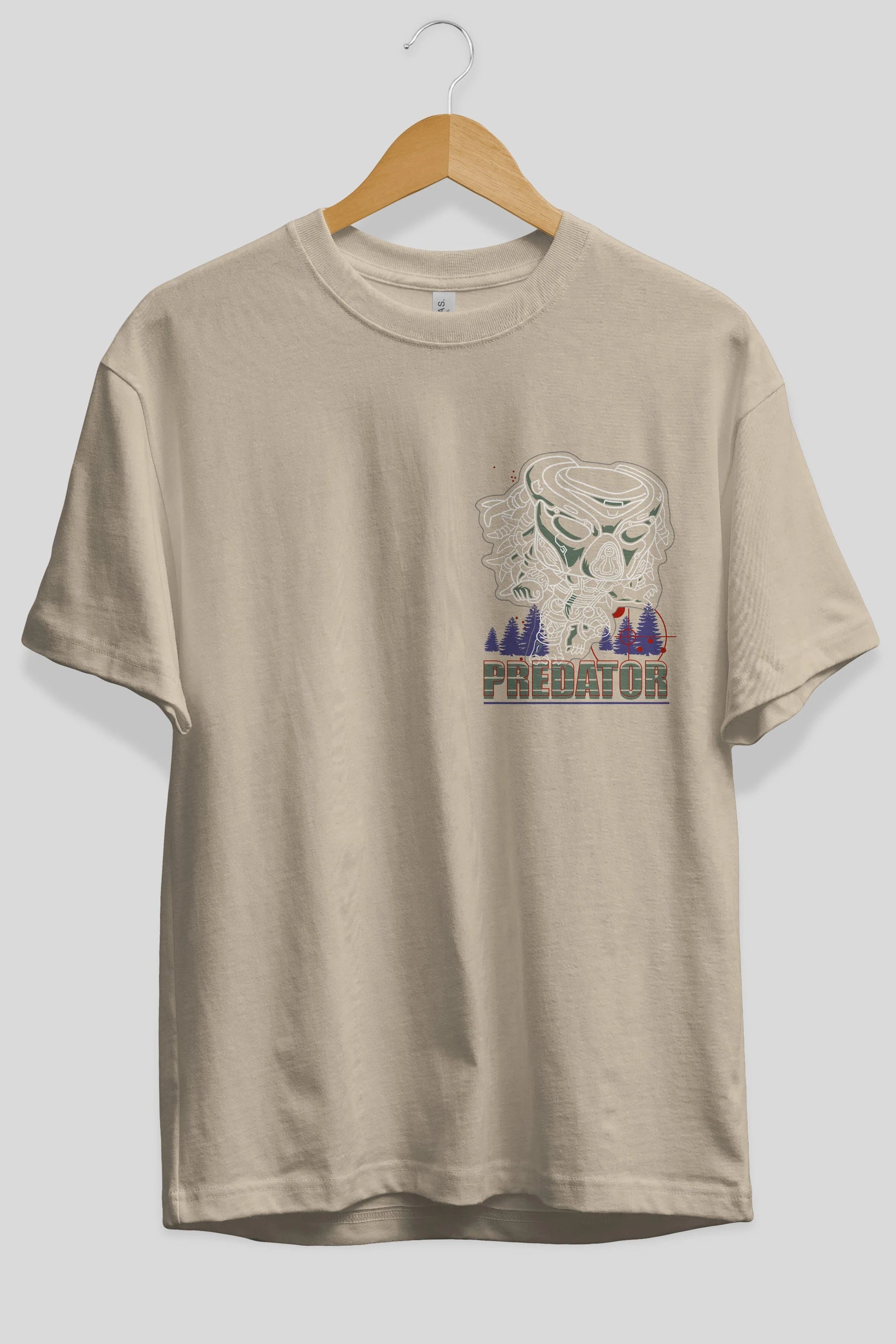 Predator Ön Sol Baskılı Oversize t-shirt Erkek Kadın Unisex %100 Pamuk Bisiklet Yaka tişort