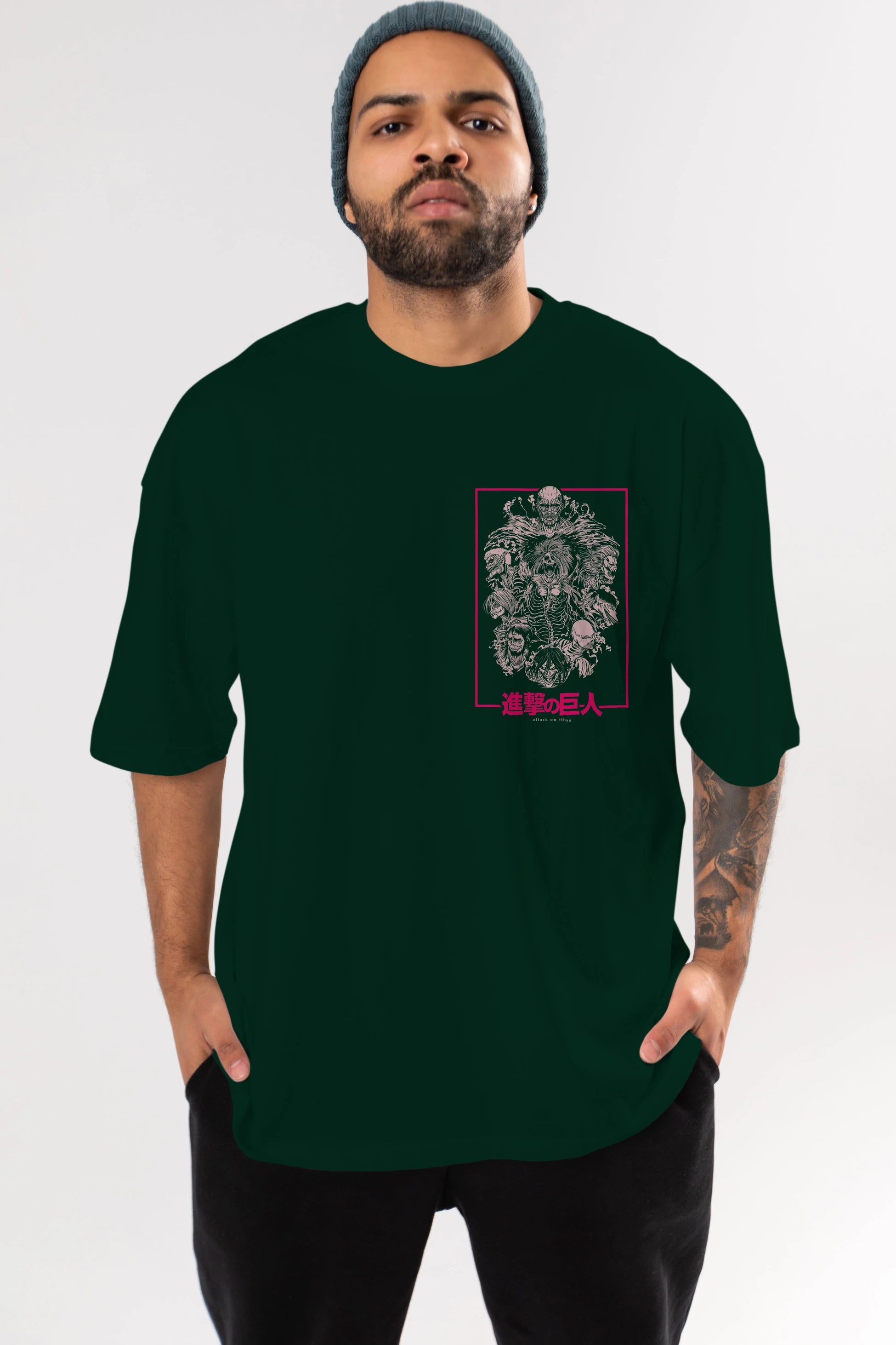 ATTACK ON TITANS Ön Sol Baskılı Oversize t-shirt Erkek Kadın Unisex %100 Pamuk Bisiklet Yaka tişort