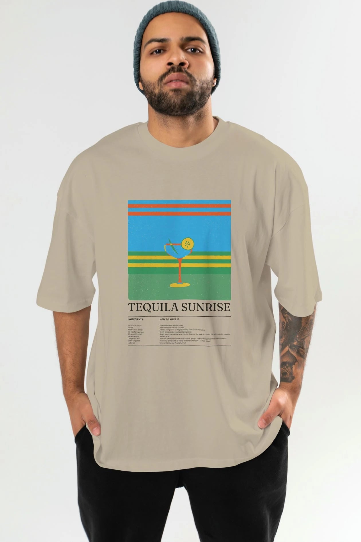 Tequila Sunrise Kokteyl Ön Baskılı Oversize t-shirt Erkek Kadın %100 Pamuk Bisiklet Yaka tişort