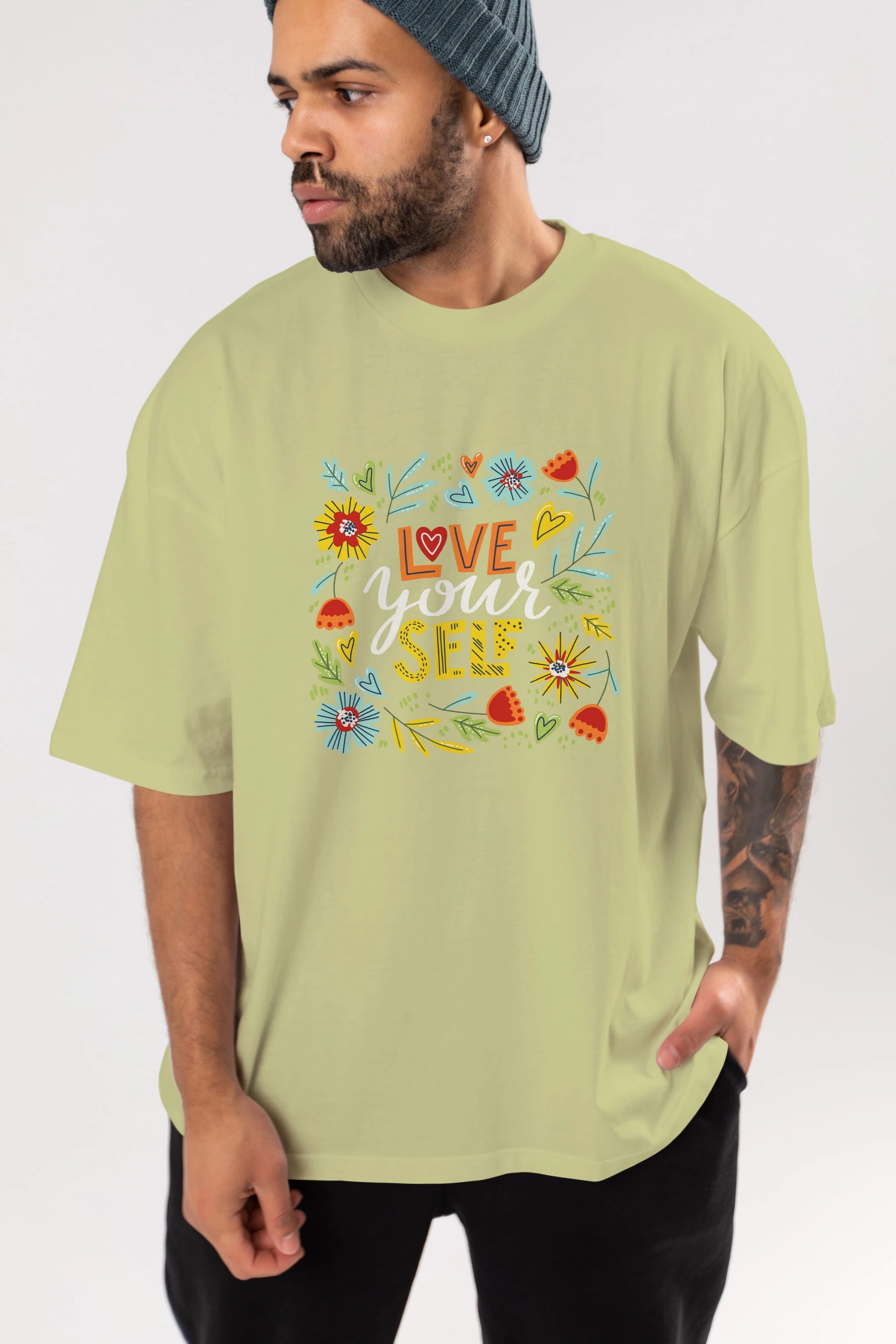 Love Yourself Yazılı Ön Baskılı Oversize t-shirt Erkek Kadın Unisex