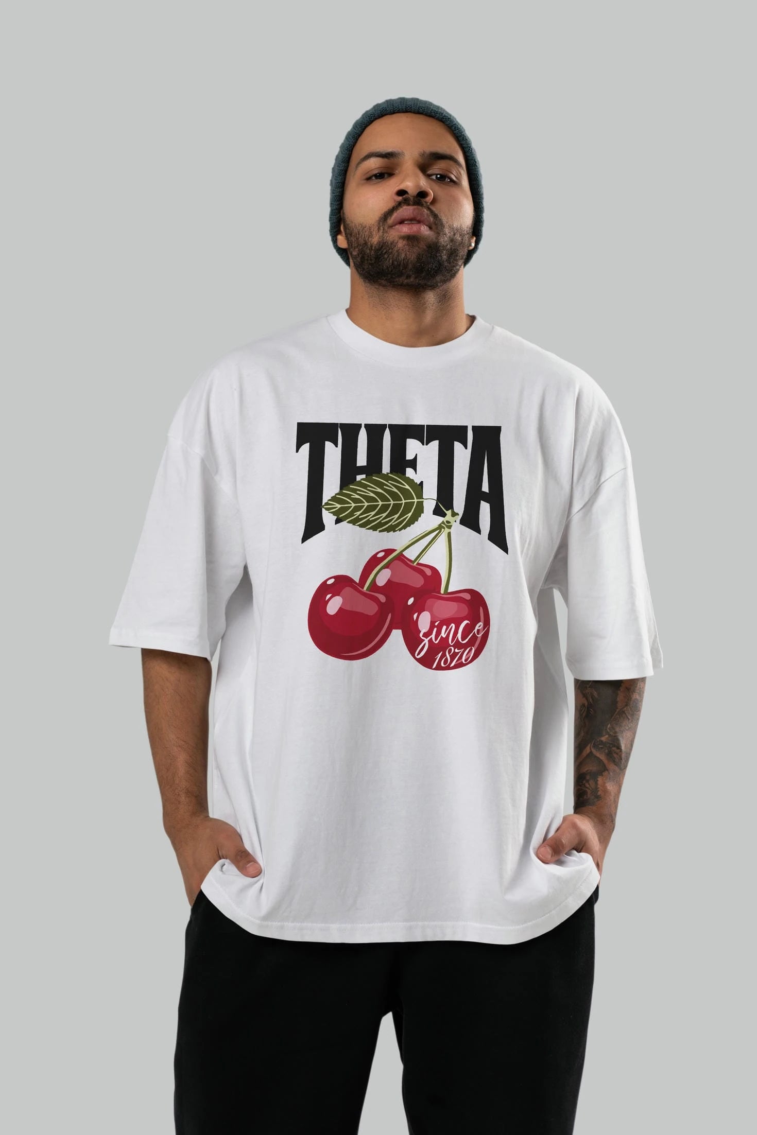 Theta Cherry Cherries Ön Baskılı Oversize t-shirt Erkek Kadın Pamuk Bisiklet Yaka tişort