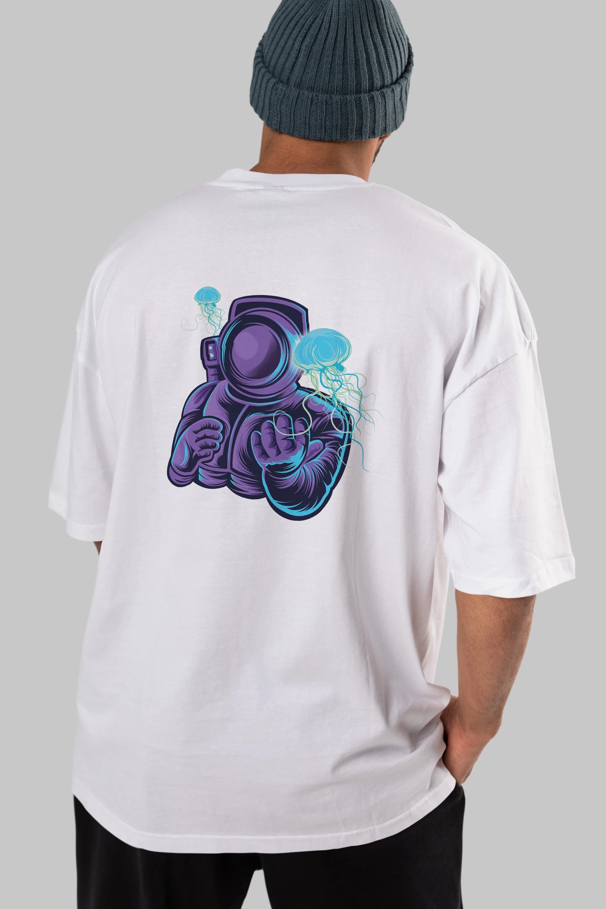 Astronaut and Jellyfish Arka Baskılı Oversize t-shirt Erkek Kadın Unisex
