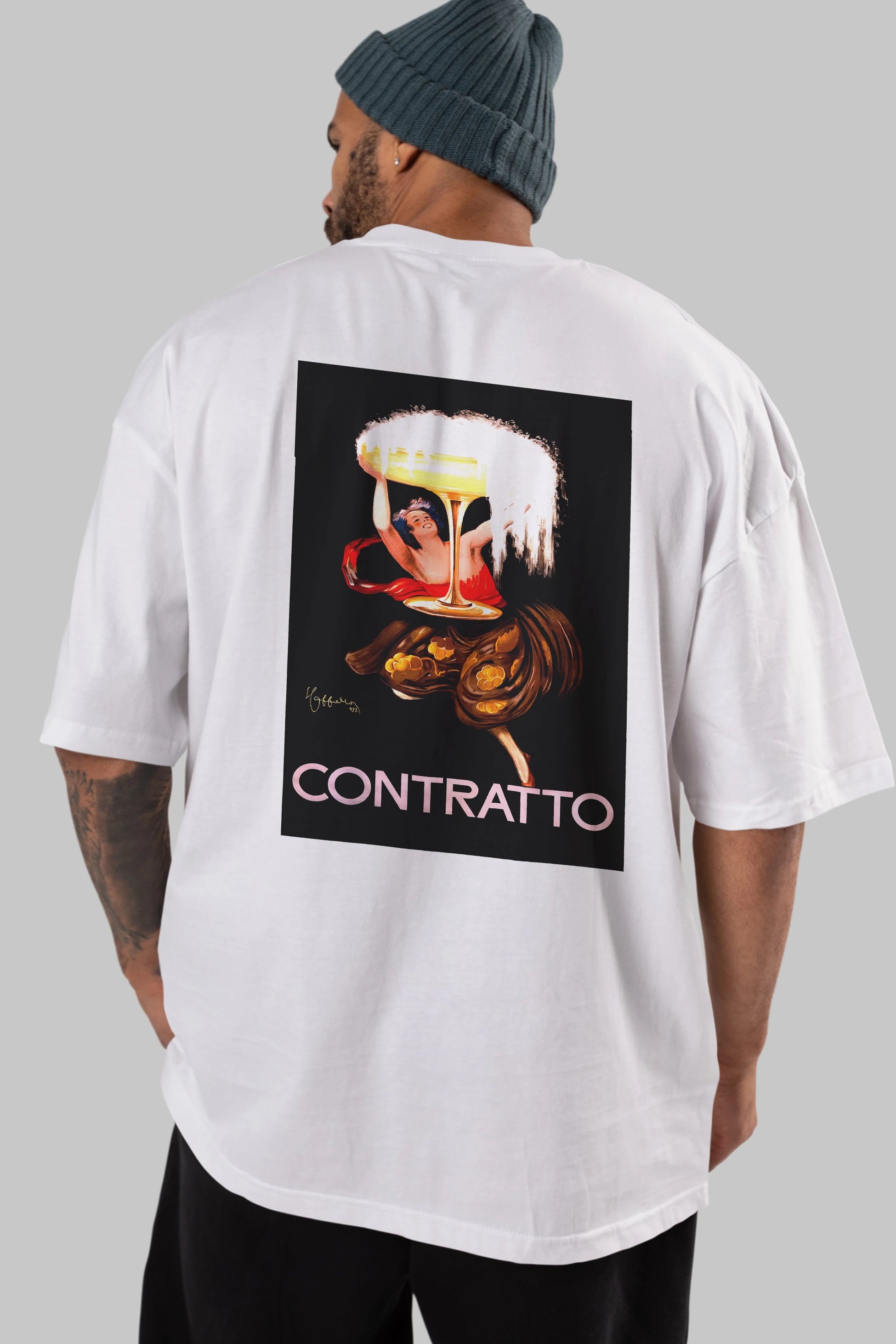 Contratto Arka Baskılı Oversize t-shirt Erkek Kadın Unisex %100 Pamuk Bisiklet Yaka tişort