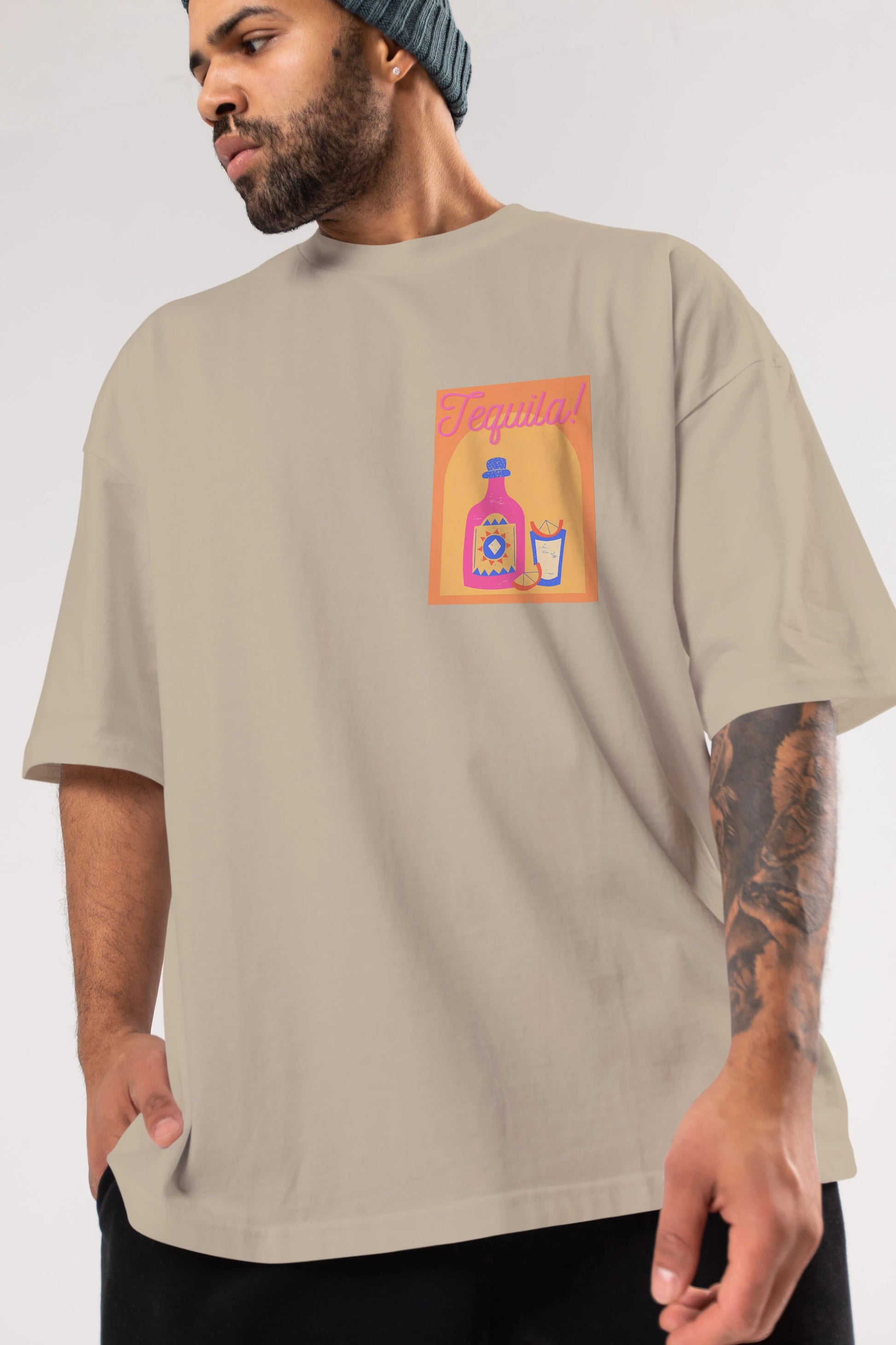 Tequila Ön Sol Baskılı Oversize t-shirt Erkek Kadın Unisex %100 Pamuk Bisiklet Yaka tişort