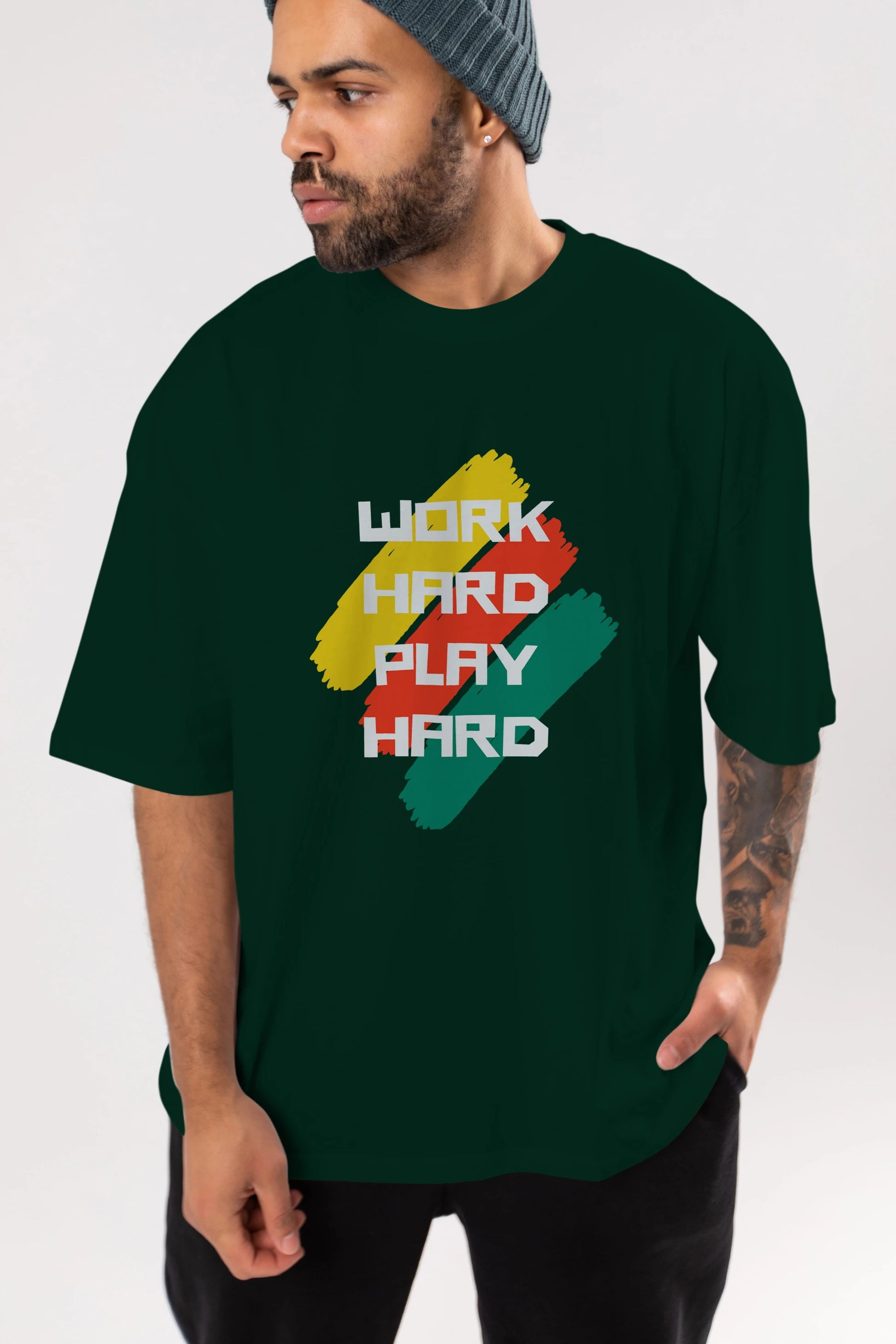 Work Hard Play Hard 2 Ön Baskılı Oversize t-shirt Erkek Kadın Unisex