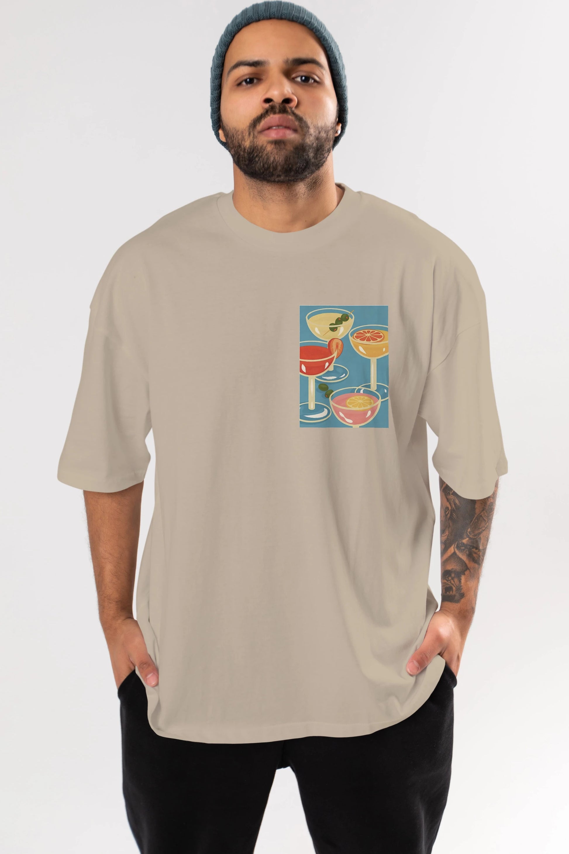 Cocktails Ön Sol Baskılı Oversize t-shirt Erkek Kadın Unisex %100 Pamuk Bisiklet Yaka tişort