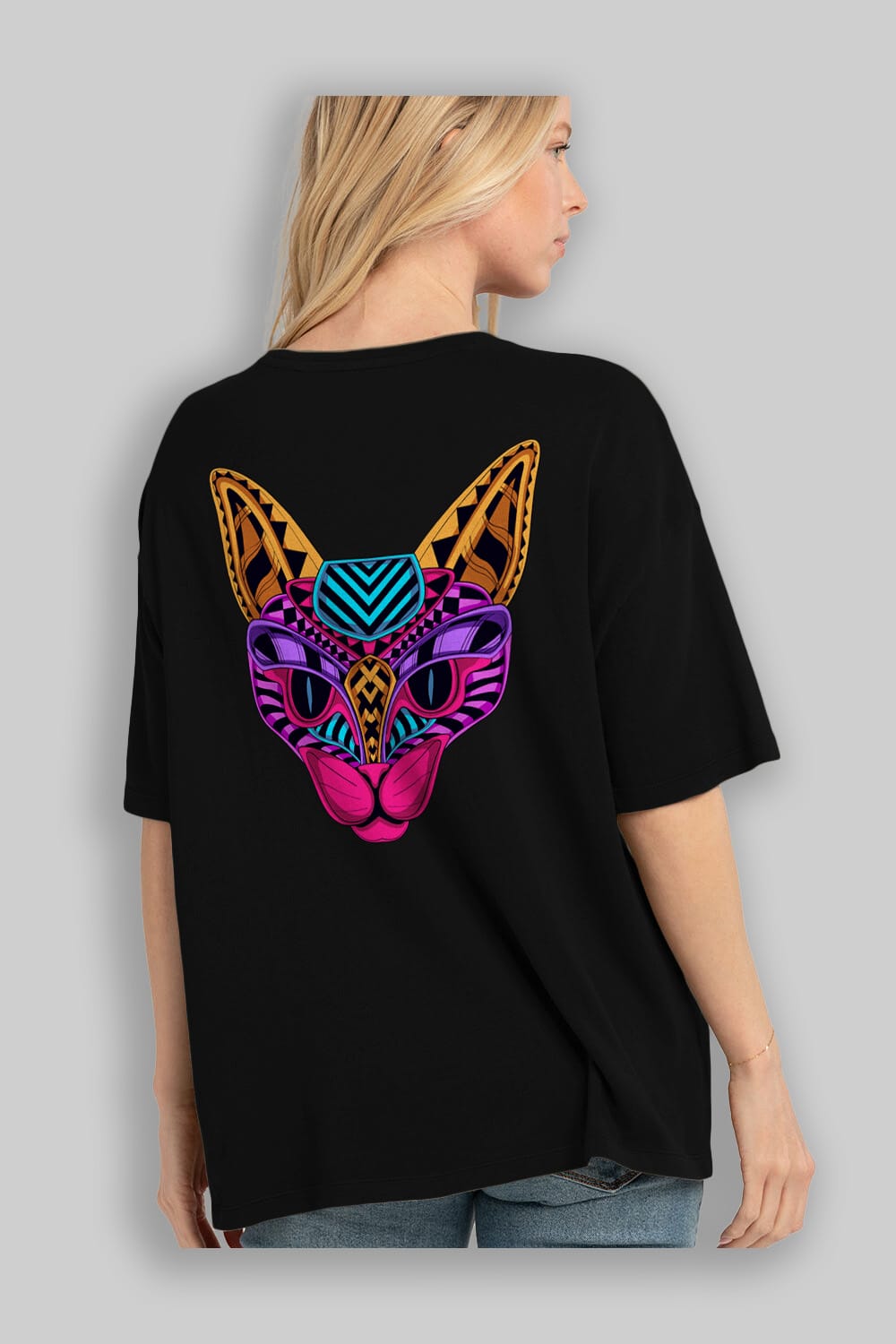 Black Neon Cat Arka Baskılı Oversize t-shirt Erkek Kadın Unisex