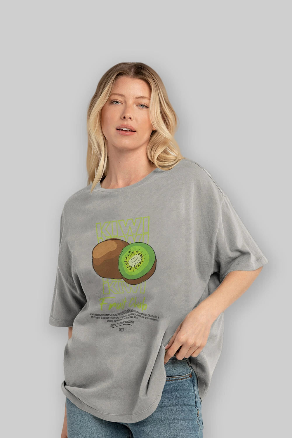 Kiwi Ön Baskılı Oversize t-shirt Erkek Kadın Pamuk Bisiklet Yaka tişort
