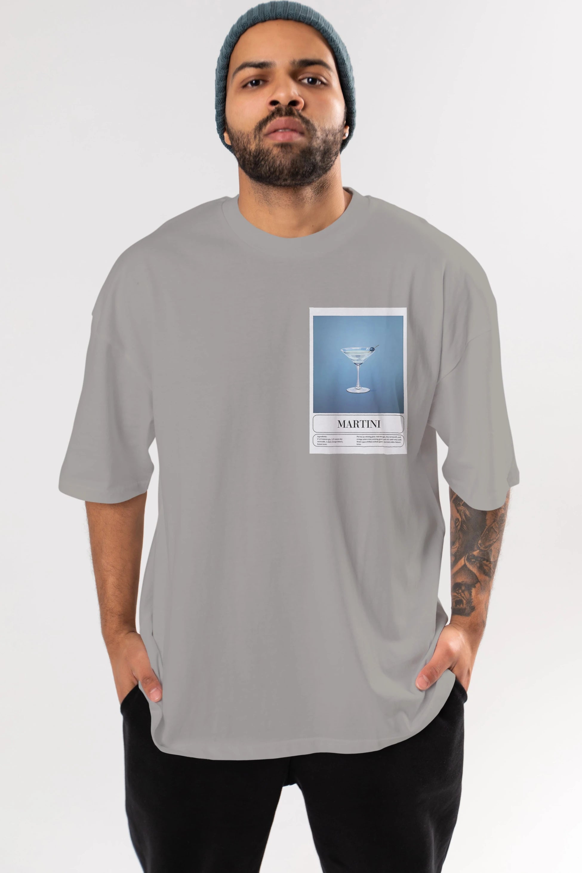 Martini Ön Sol Baskılı Oversize t-shirt Erkek Kadın Unisex %100 Pamuk Bisiklet Yaka tişort
