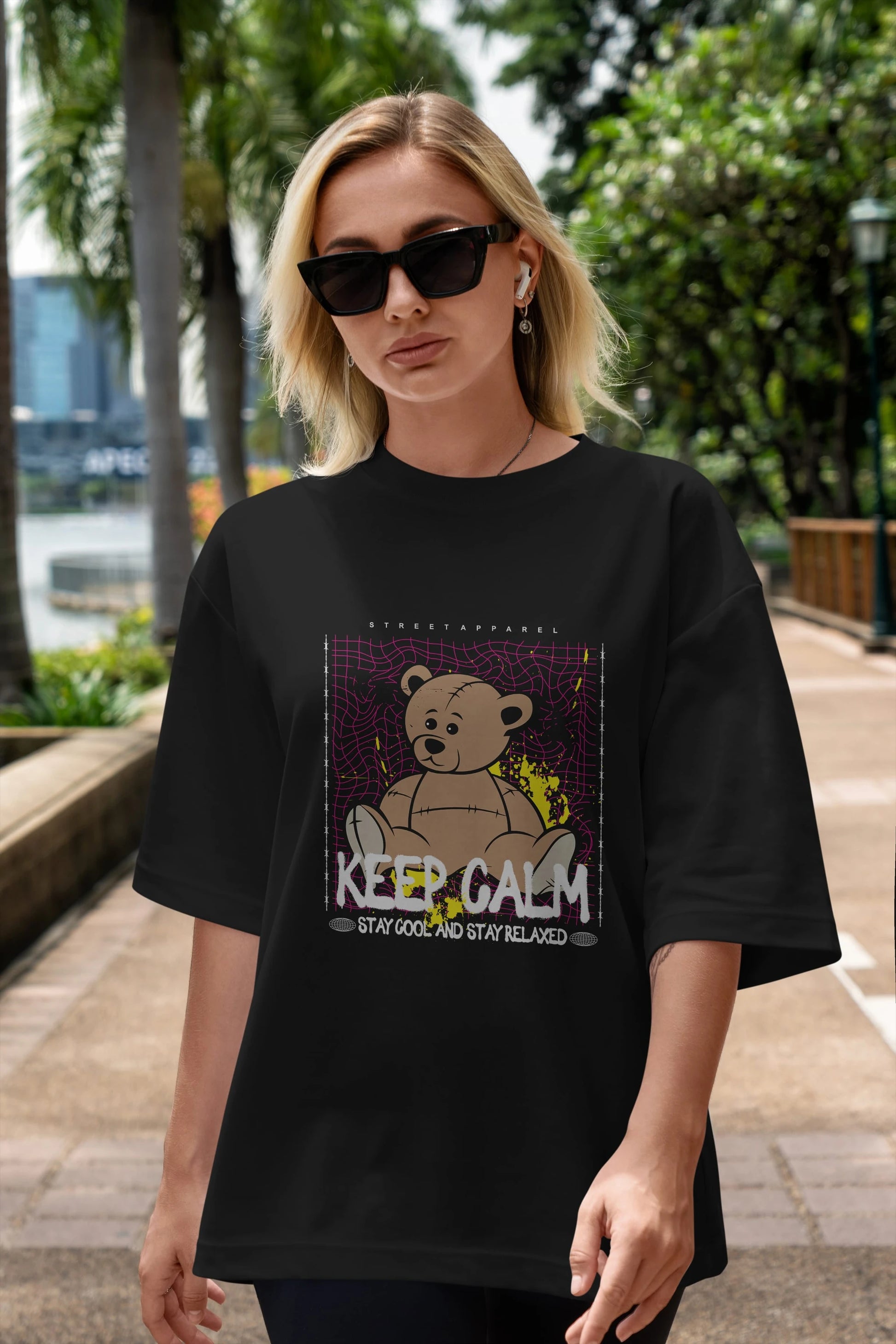 Keep Calm Bear Ön Baskılı Oversize t-shirt Erkek Kadın Unisex