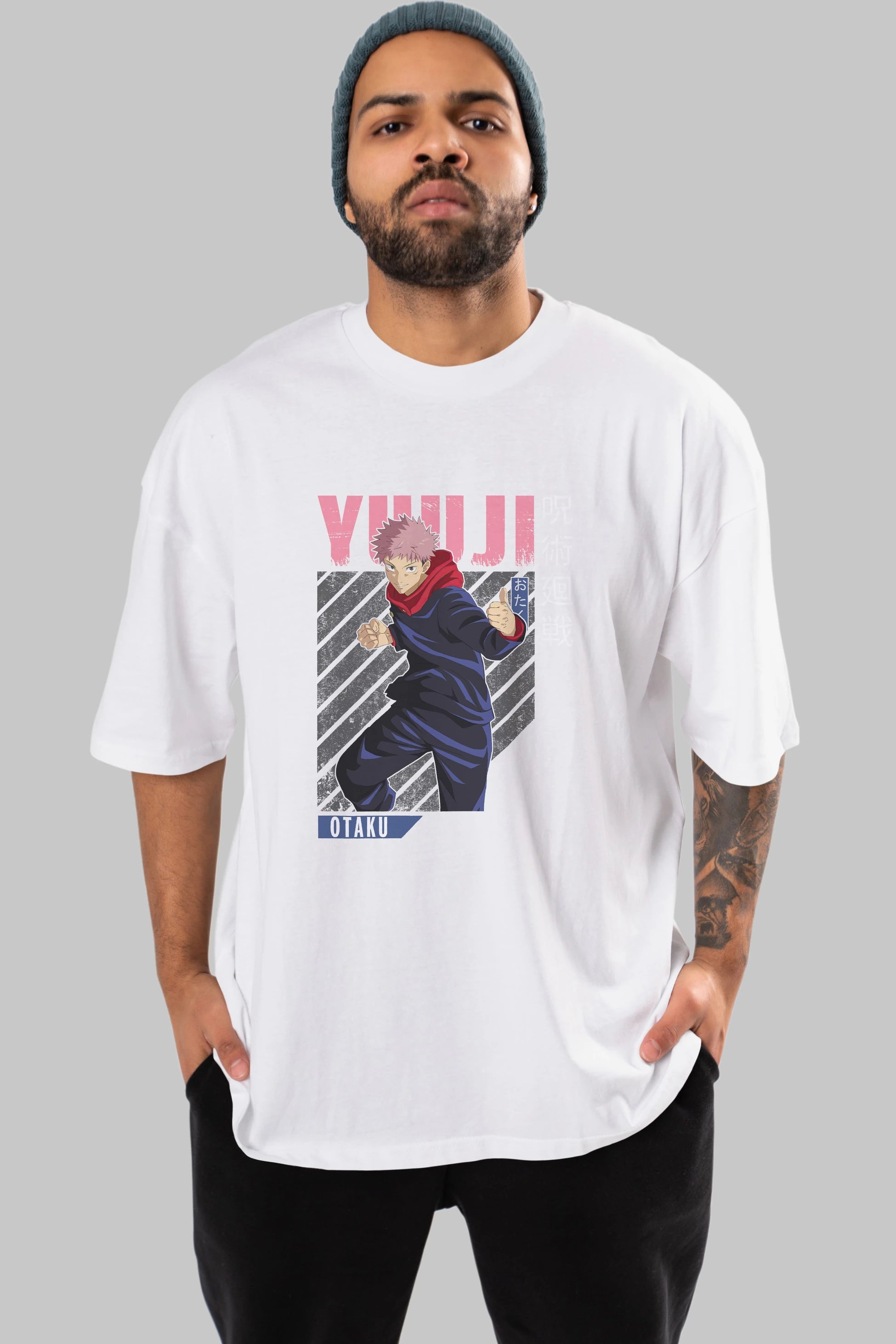 Yuuji Itadori Anime Ön Baskılı Oversize t-shirt %100 pamuk Erkek Kadın Unisex