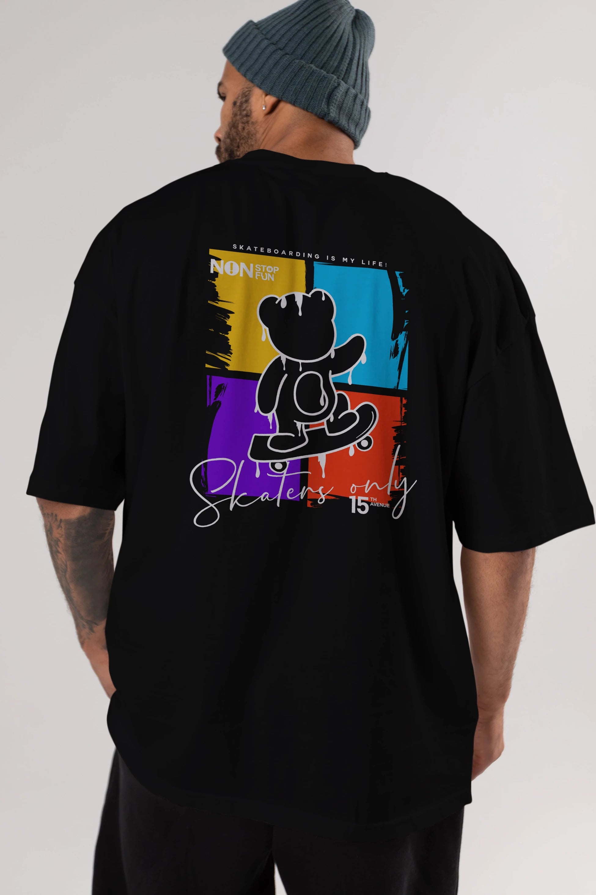 Skaters Only Bear Arka Baskılı Oversize t-shirt Erkek Kadın Unisex