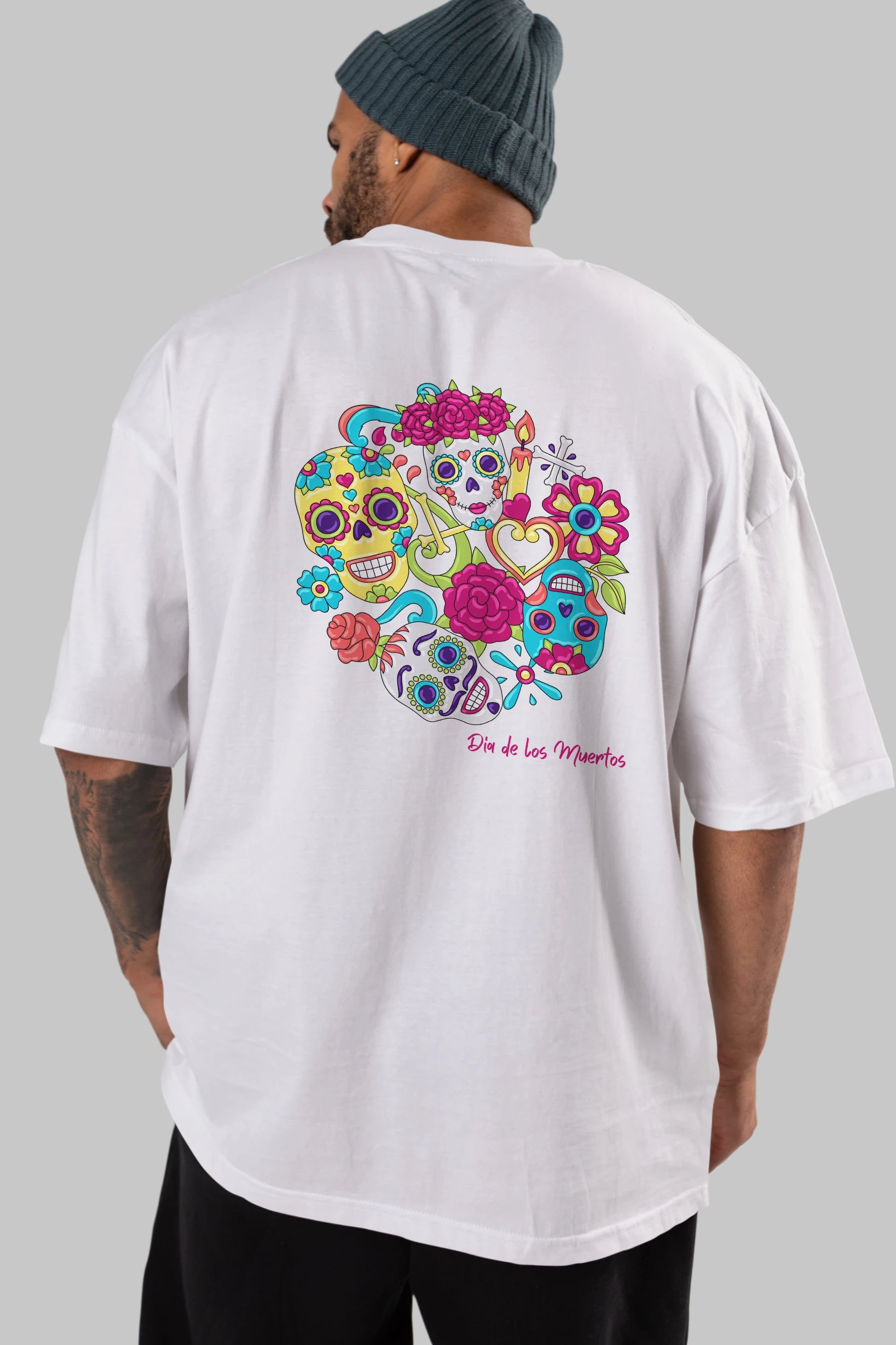 Dia de los Muertos Arka Baskılı Oversize t-shirt Erkek Kadın Unisex