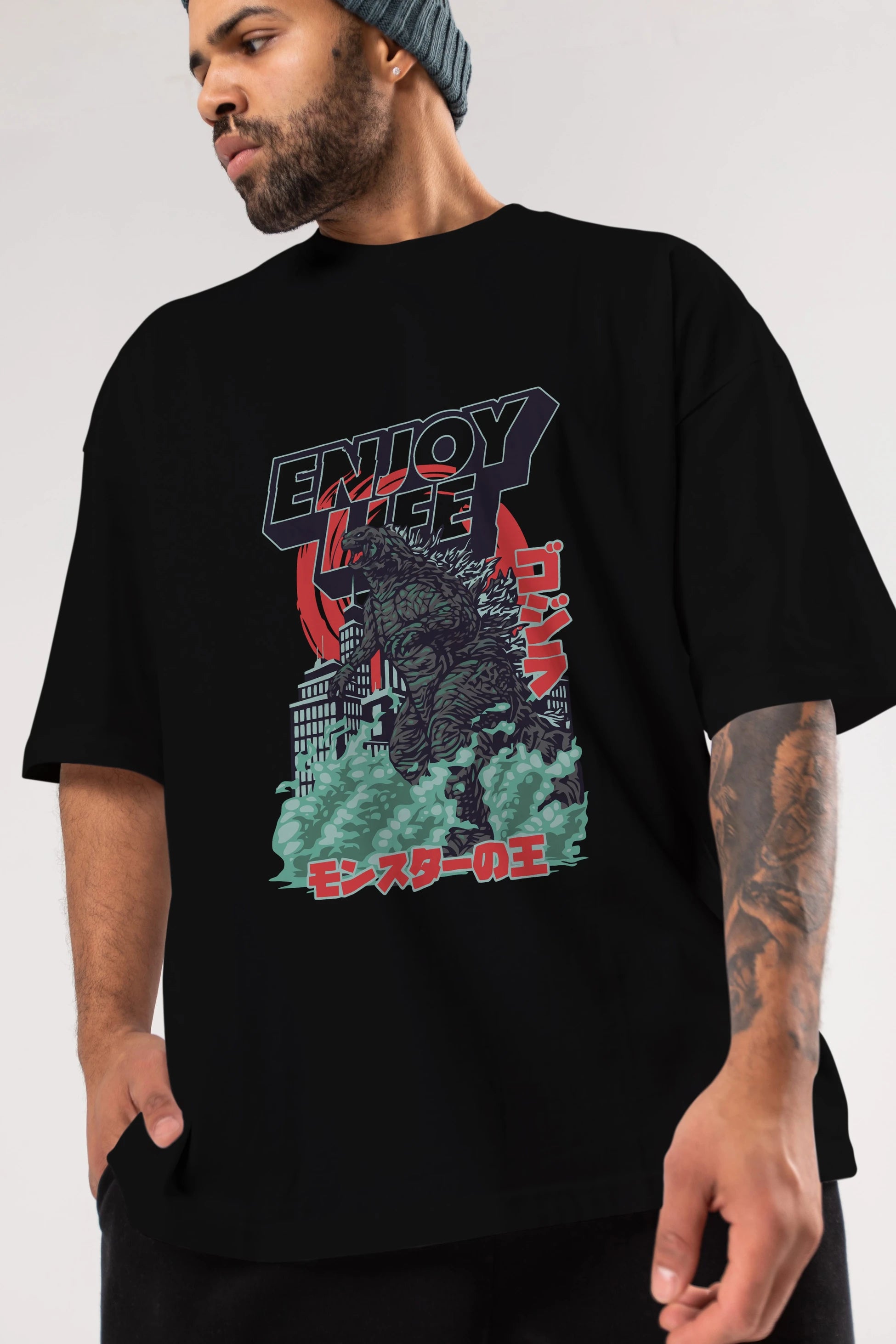 Godzilla Ön Baskılı Oversize t-shirt Erkek Kadın Unisex %100 Pamuk Bisiklet Yaka tişort