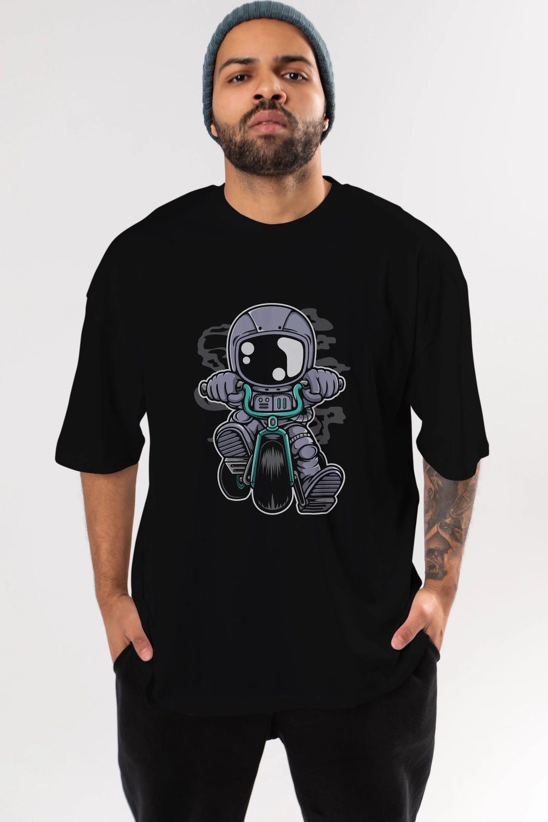 Astronaut Biker Ön Baskılı Oversize t-shirt Erkek Kadın Unisex