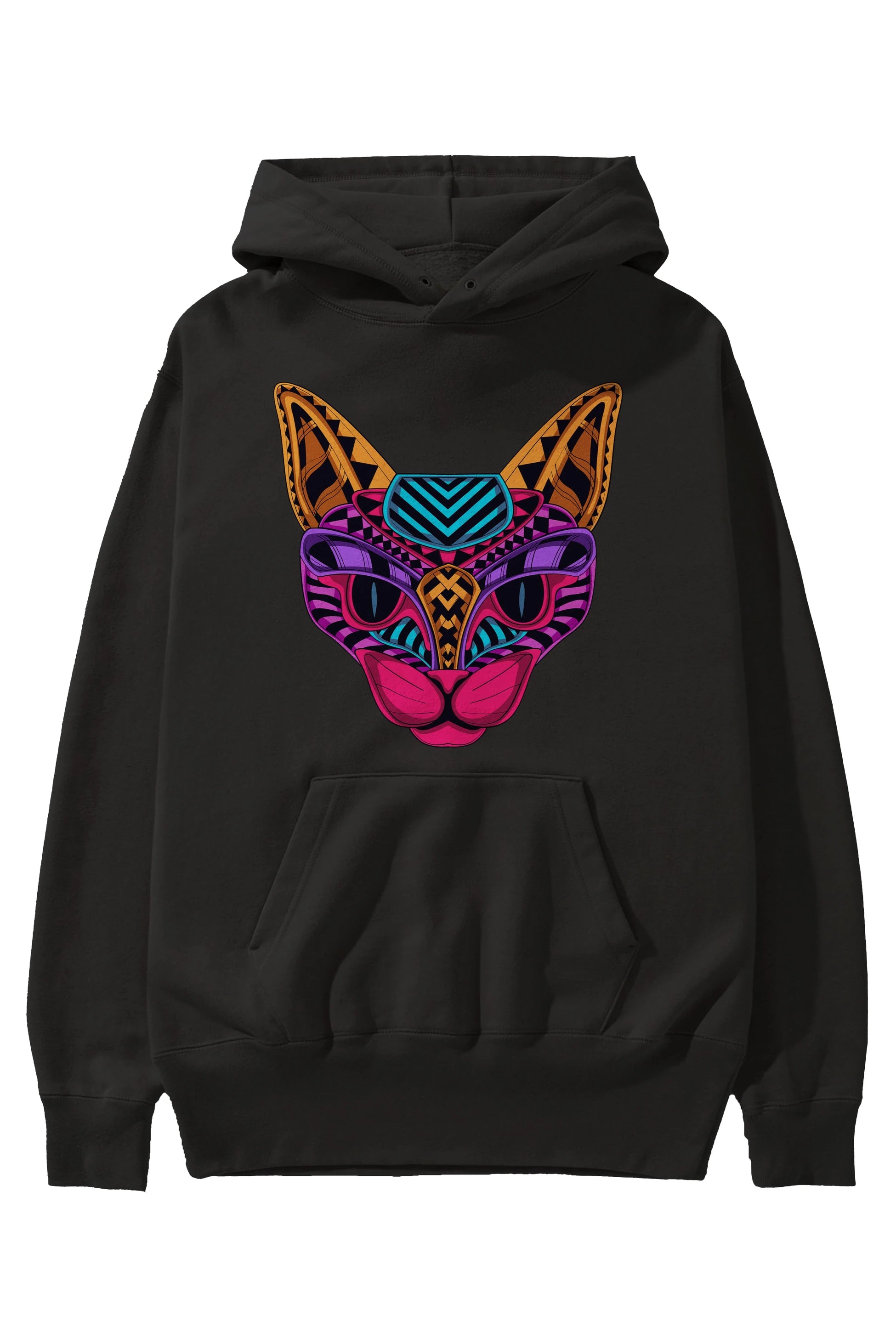 Black Neon Cat Ön Baskılı Oversize Hoodie Kapüşonlu Sweatshirt Erkek Kadın Unisex