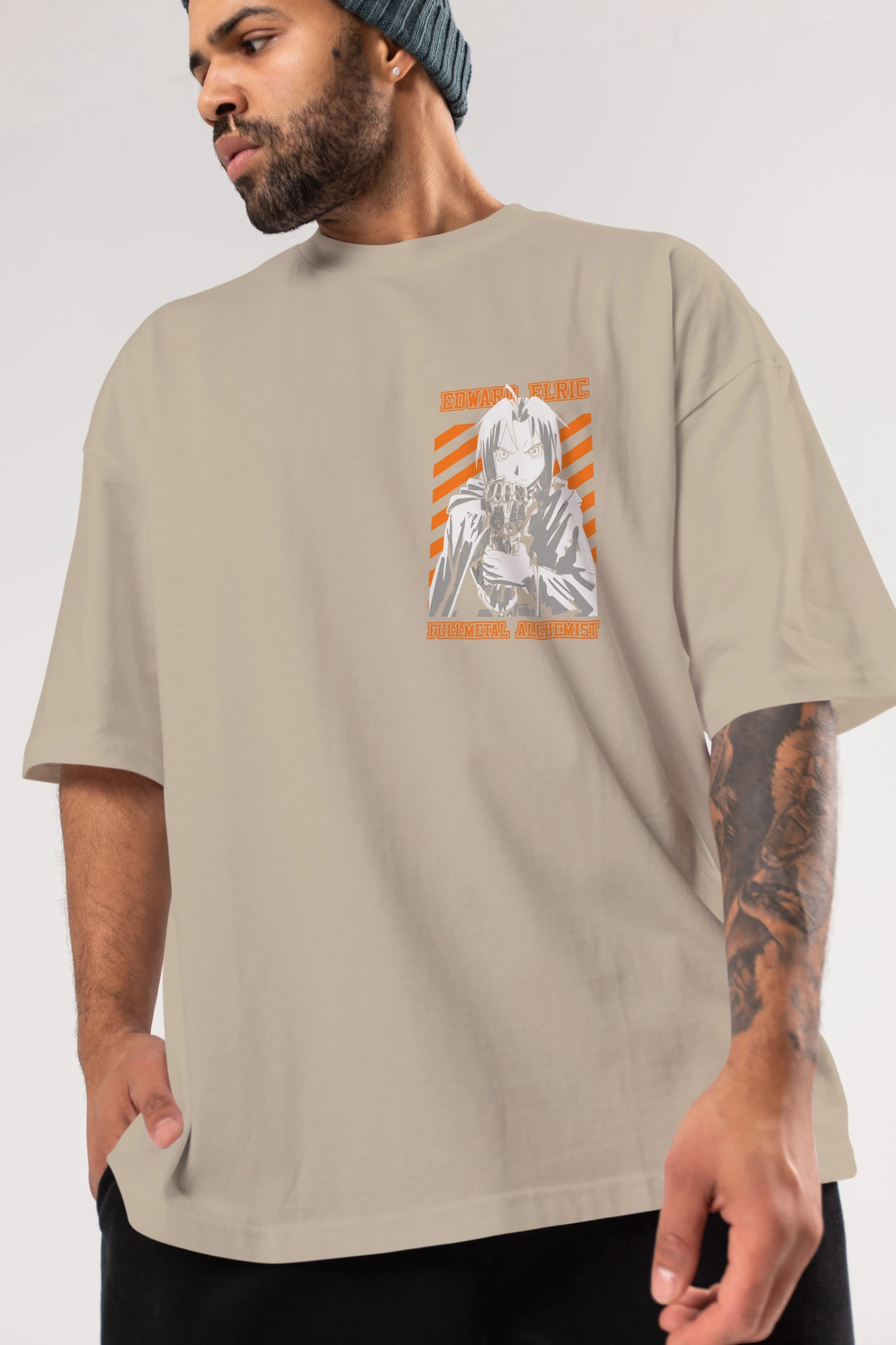 EDWARD ELRIC Ön Sol Baskılı Oversize t-shirt Erkek Kadın Unisex %100 Pamuk Bisiklet Yaka tişort