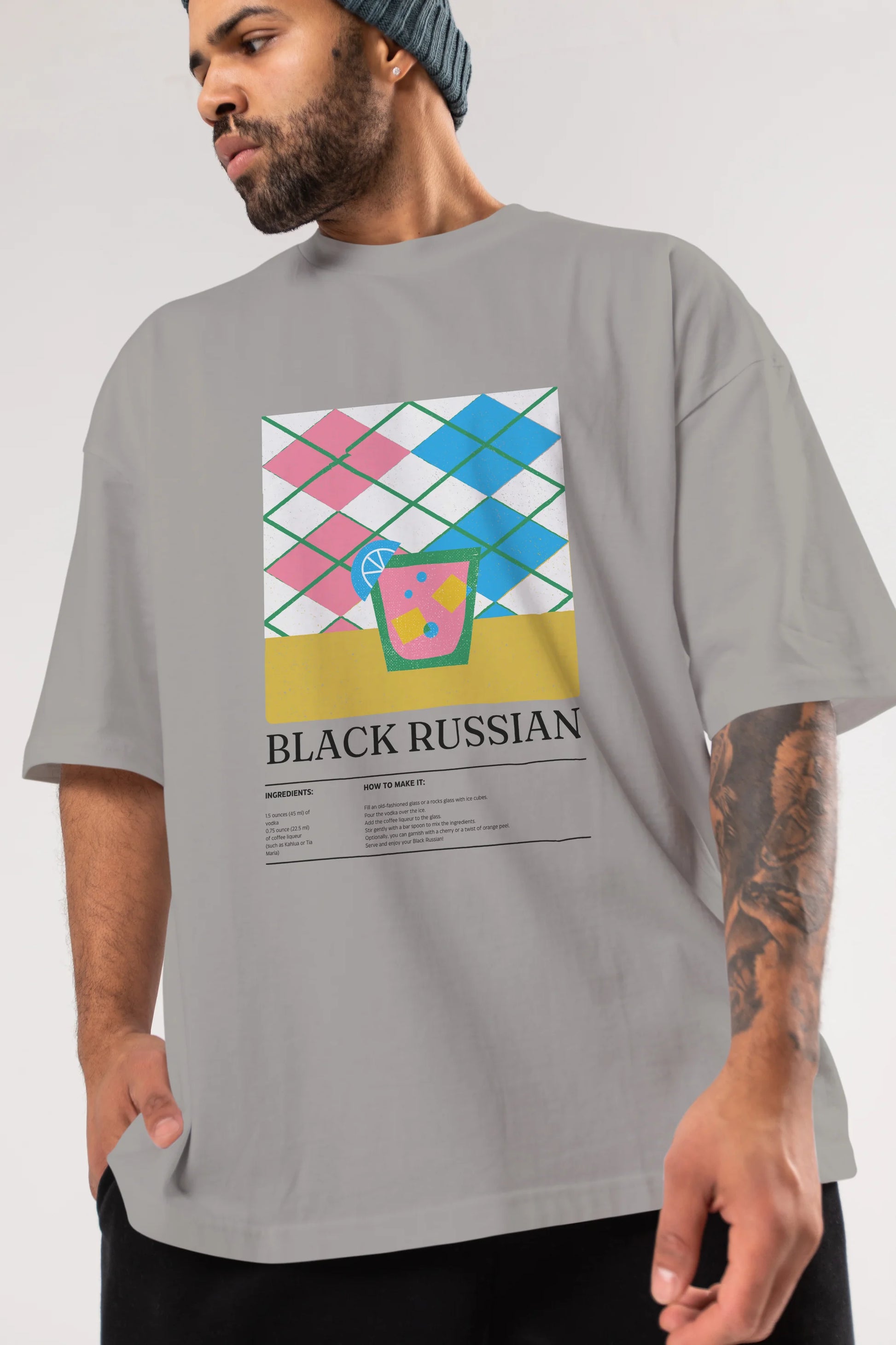 Black Russian Kokteyl Ön Baskılı Oversize t-shirt Erkek Kadın %100 Pamuk Bisiklet Yaka tişort