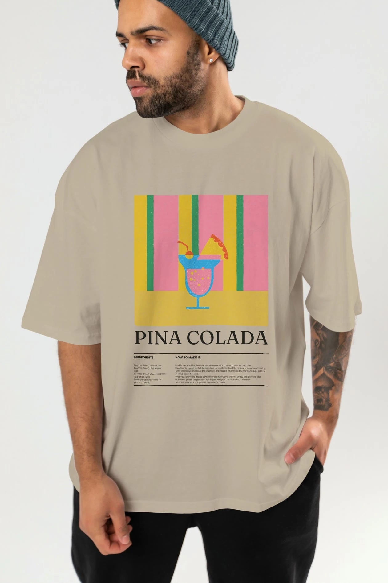 Pina Colada Kokteyl Ön Baskılı Oversize t-shirt Erkek Kadın %100 Pamuk Bisiklet Yaka tişort
