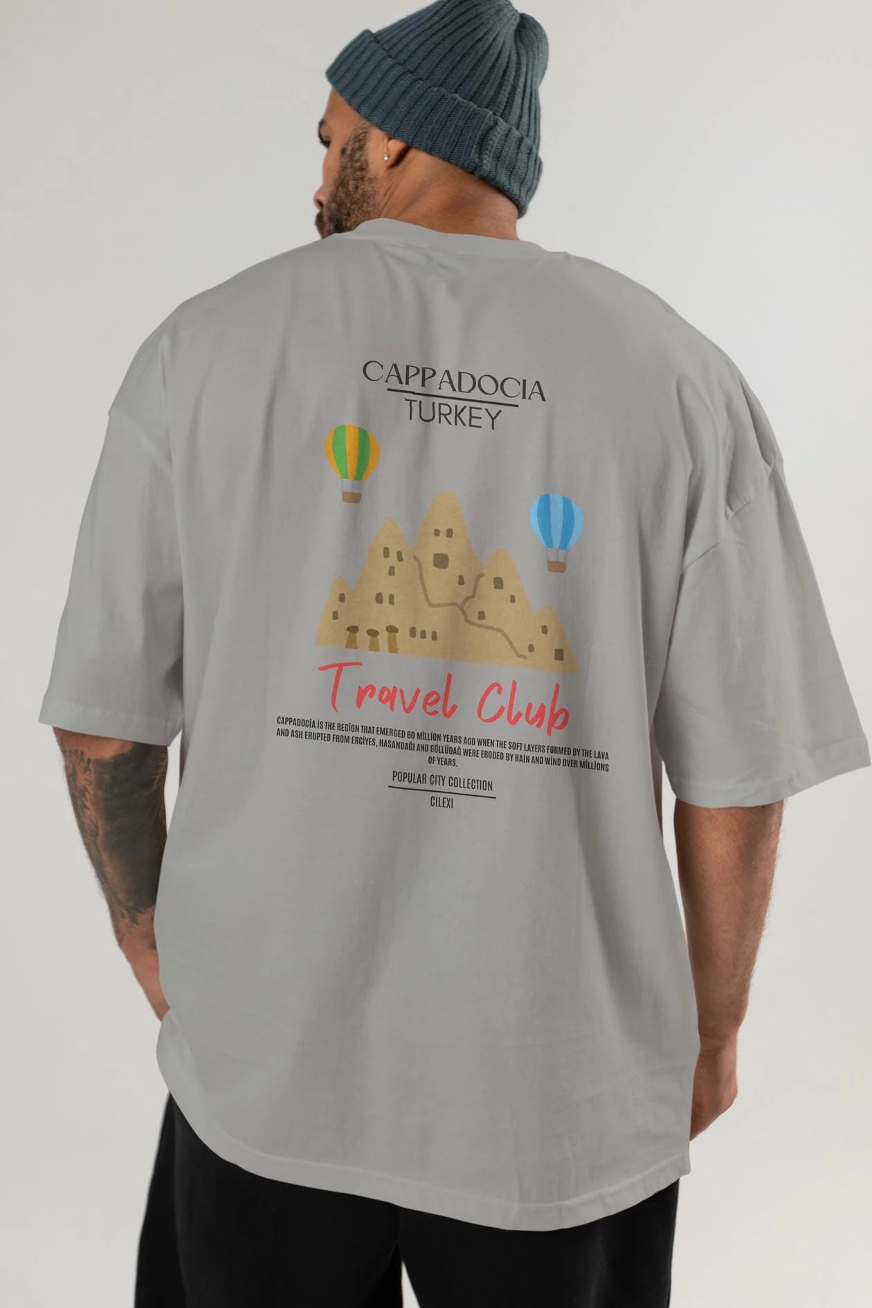 Cappadocia Turkey Arka Baskılı Oversize t-shirt Erkek Kadın Pamuk Bisiklet Yaka tişort
