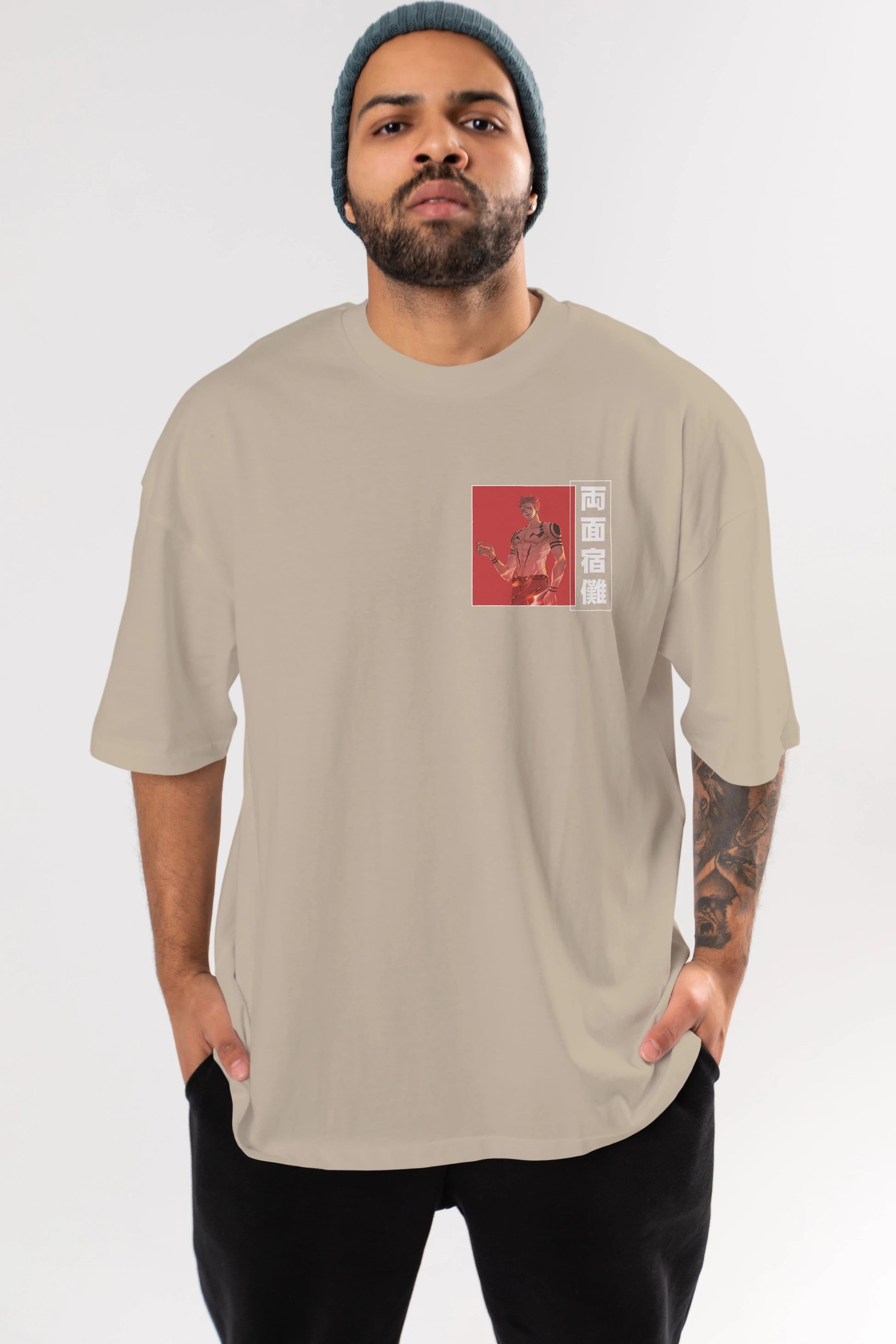 Sukuna Ryoumen 3 Ön Sol Baskılı Oversize t-shirt Erkek Kadın Unisex %100 Pamuk Bisiklet Yaka tişort