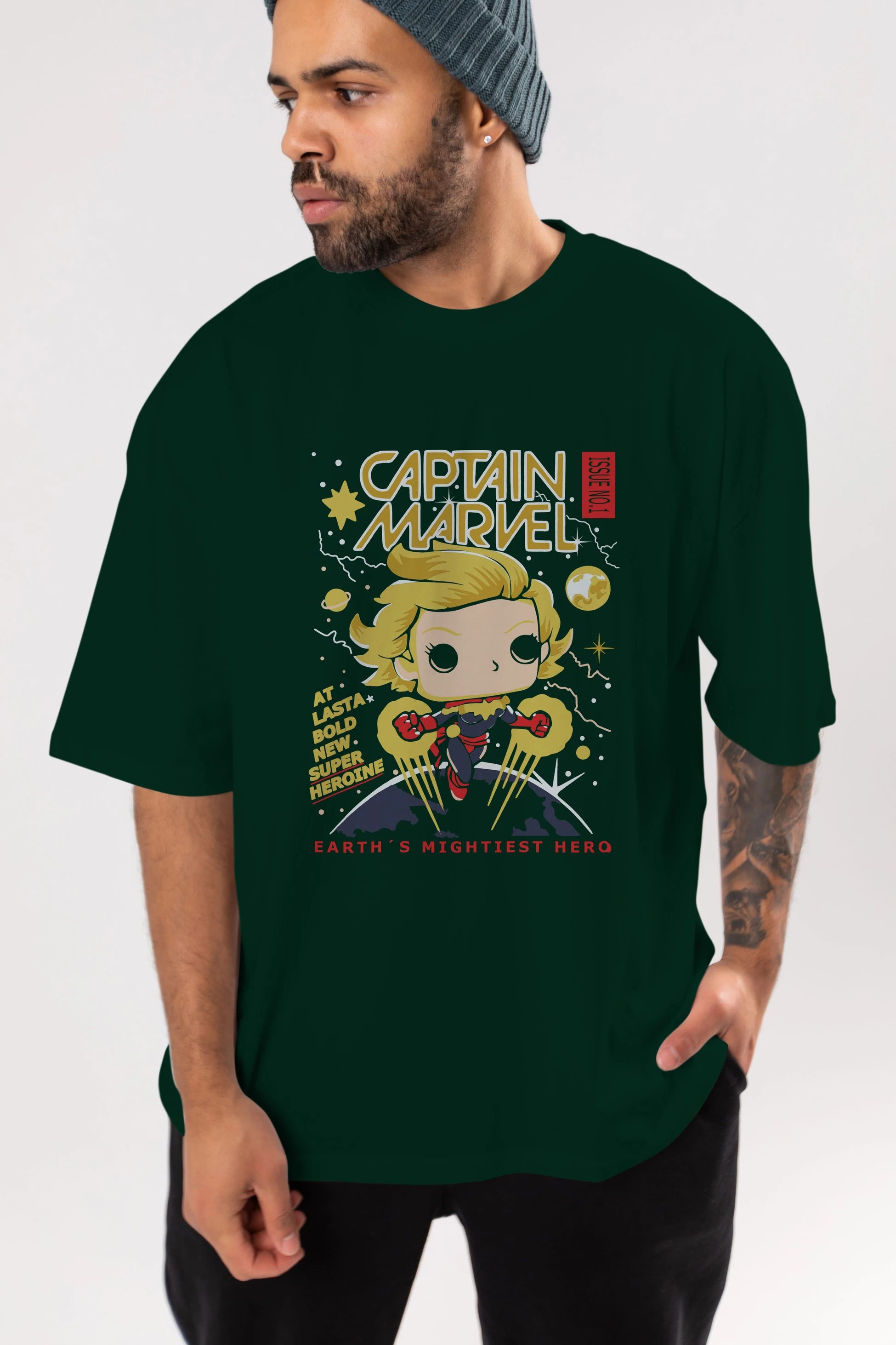 Captain Marvel Ön Baskılı Oversize t-shirt Erkek Kadın Unisex %100 Pamuk Bisiklet Yaka tişort