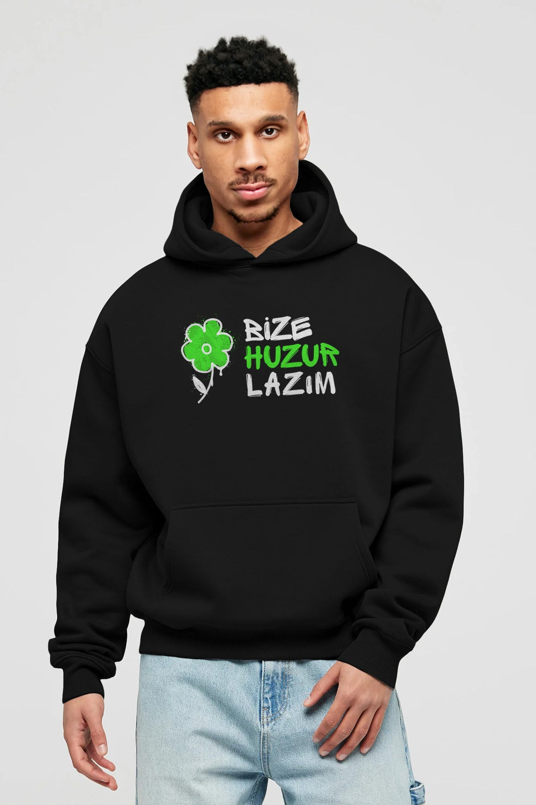 Bize Huzur Lazım Ön Baskılı Oversize Hoodie Kapüşonlu Sweatshirt Erkek Kadın Unisex