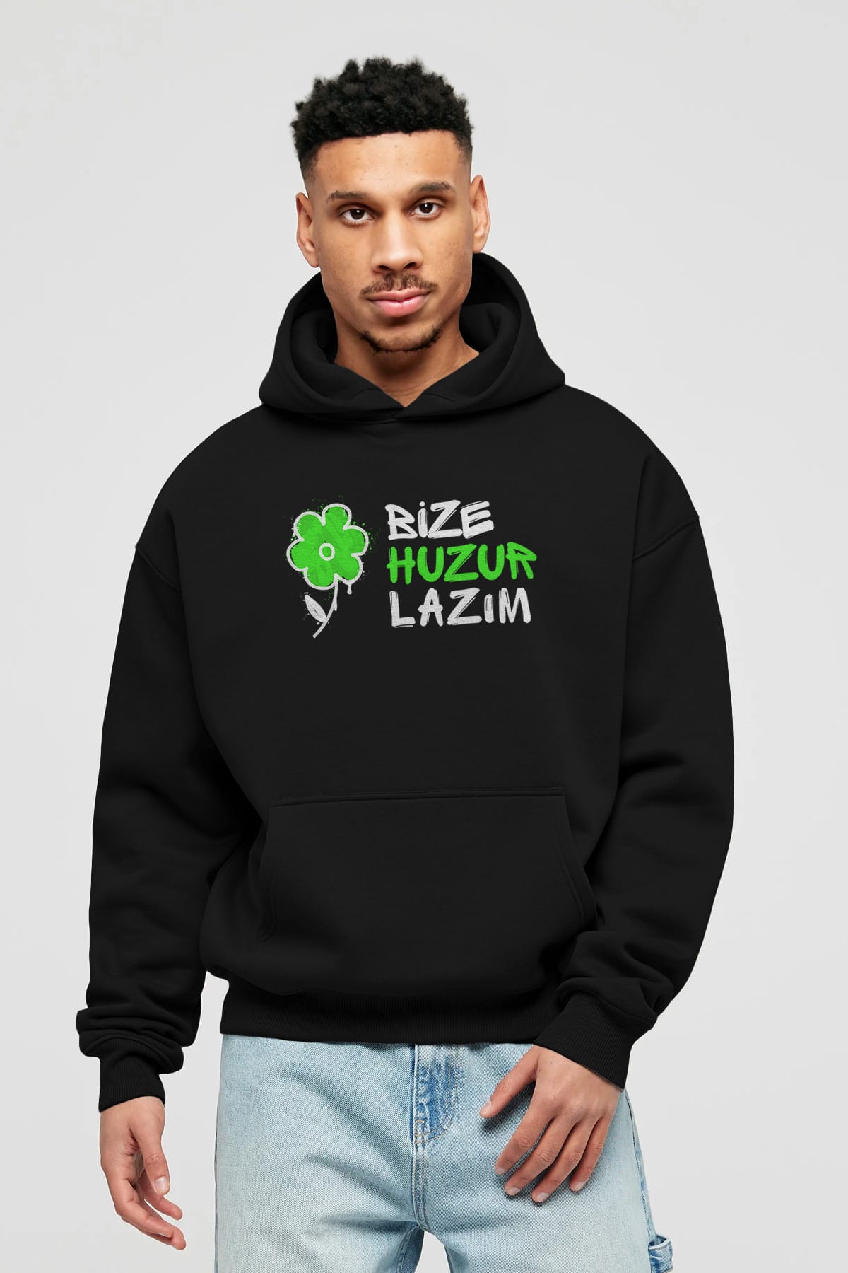 Bize Huzur Lazım Ön Baskılı Oversize Hoodie Kapüşonlu Sweatshirt Erkek Kadın Unisex