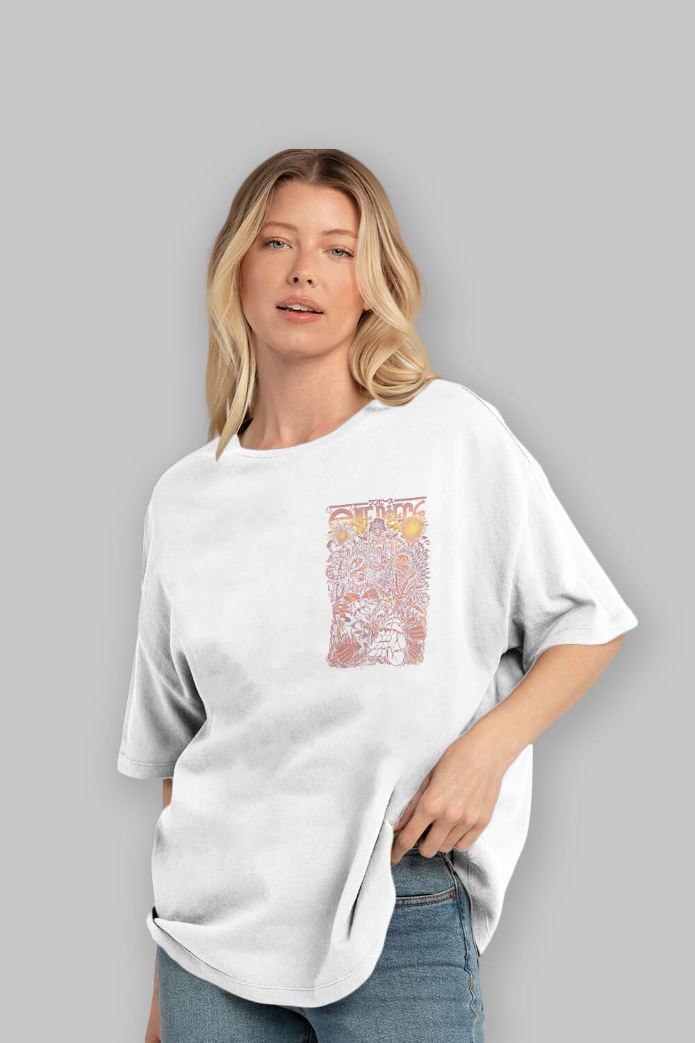 ONE PIECE Ön Sol Baskılı Oversize t-shirt Erkek Kadın Unisex %100 Pamuk Bisiklet Yaka tişort