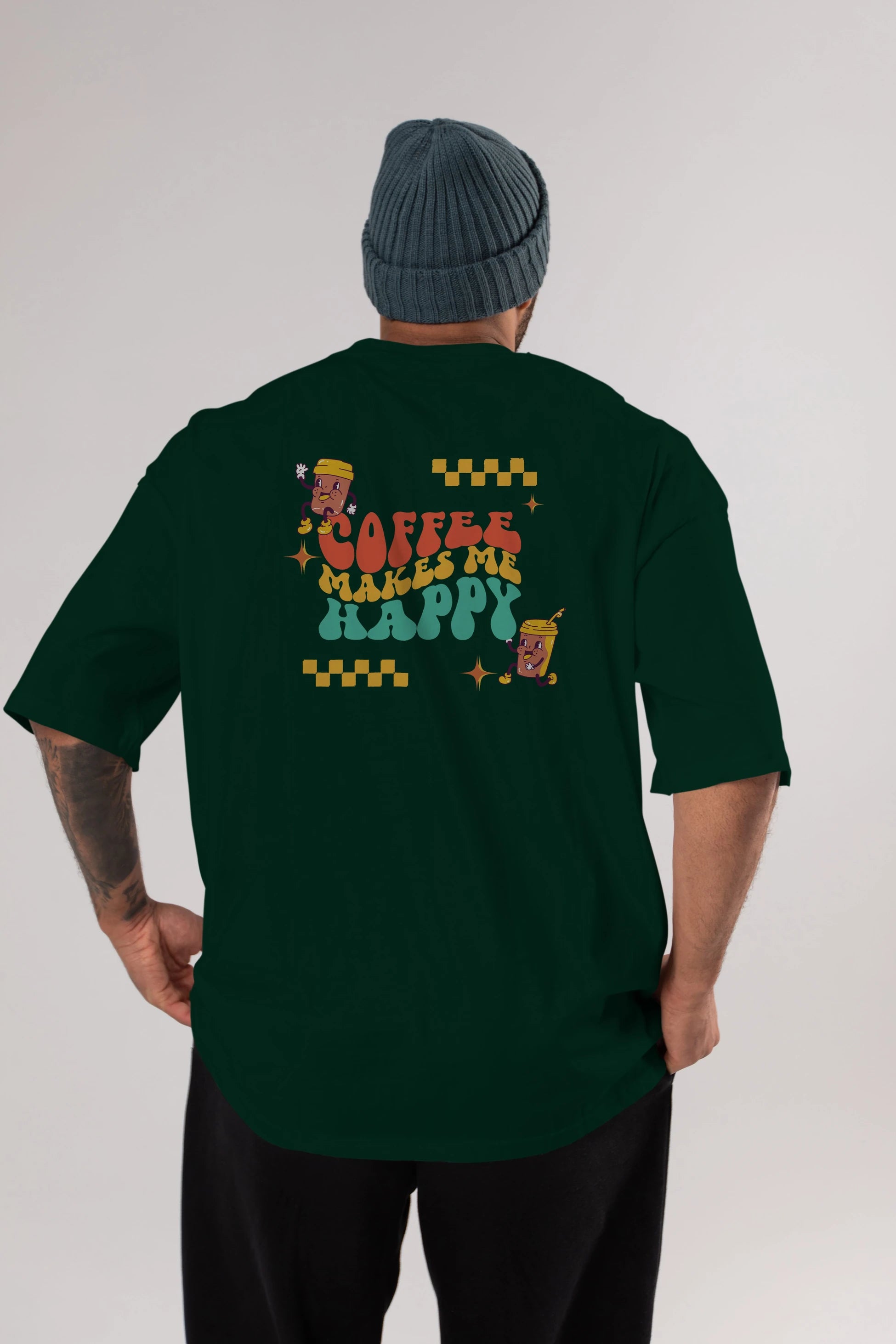 Coffee Makes Me Happy Yazılı Arka Baskılı Oversize t-shirt Erkek Kadın Unisex