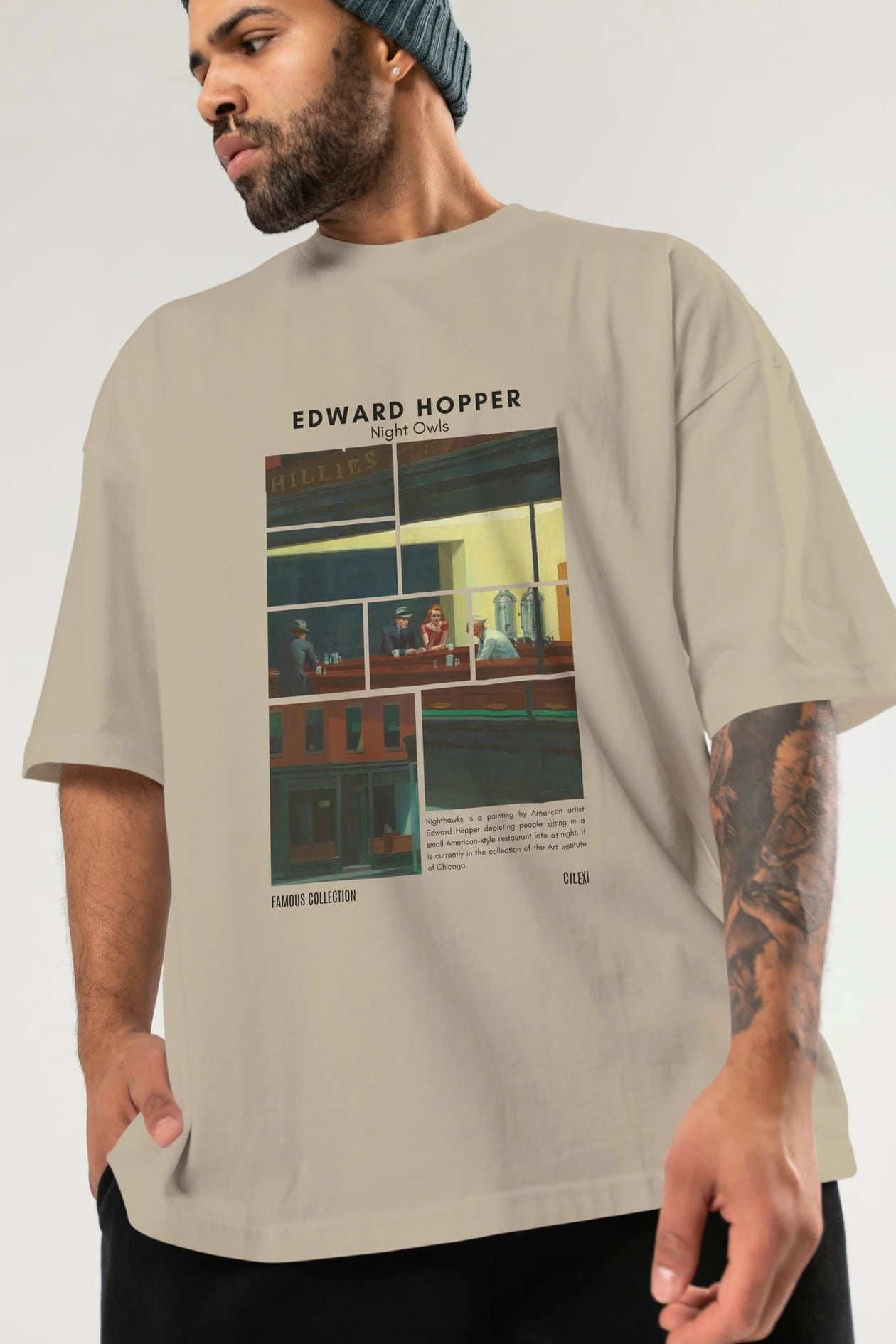Edward Hopper Night Owls ön Baskılı Oversize t-shirt Erkek Kadın Bisiklet Yaka Pamuk tişort